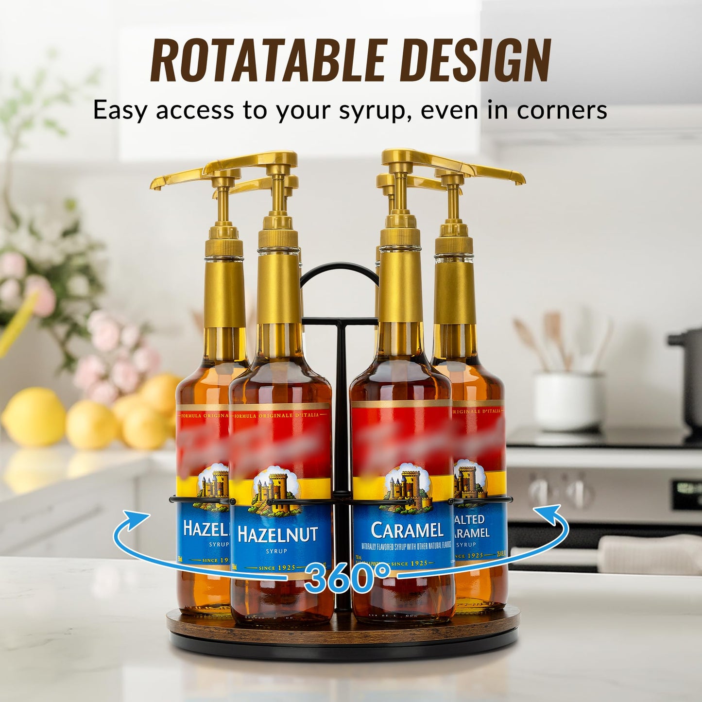 SUNNEKO Rotating Coffee Syrup Organizer Hold 6 Bottles, Wood Coffee Syrup Rack for Countertop, Large Bottle Holder Stand for Bar Station, Turntable Wine Display Tray (Black - 6 Bottles)
