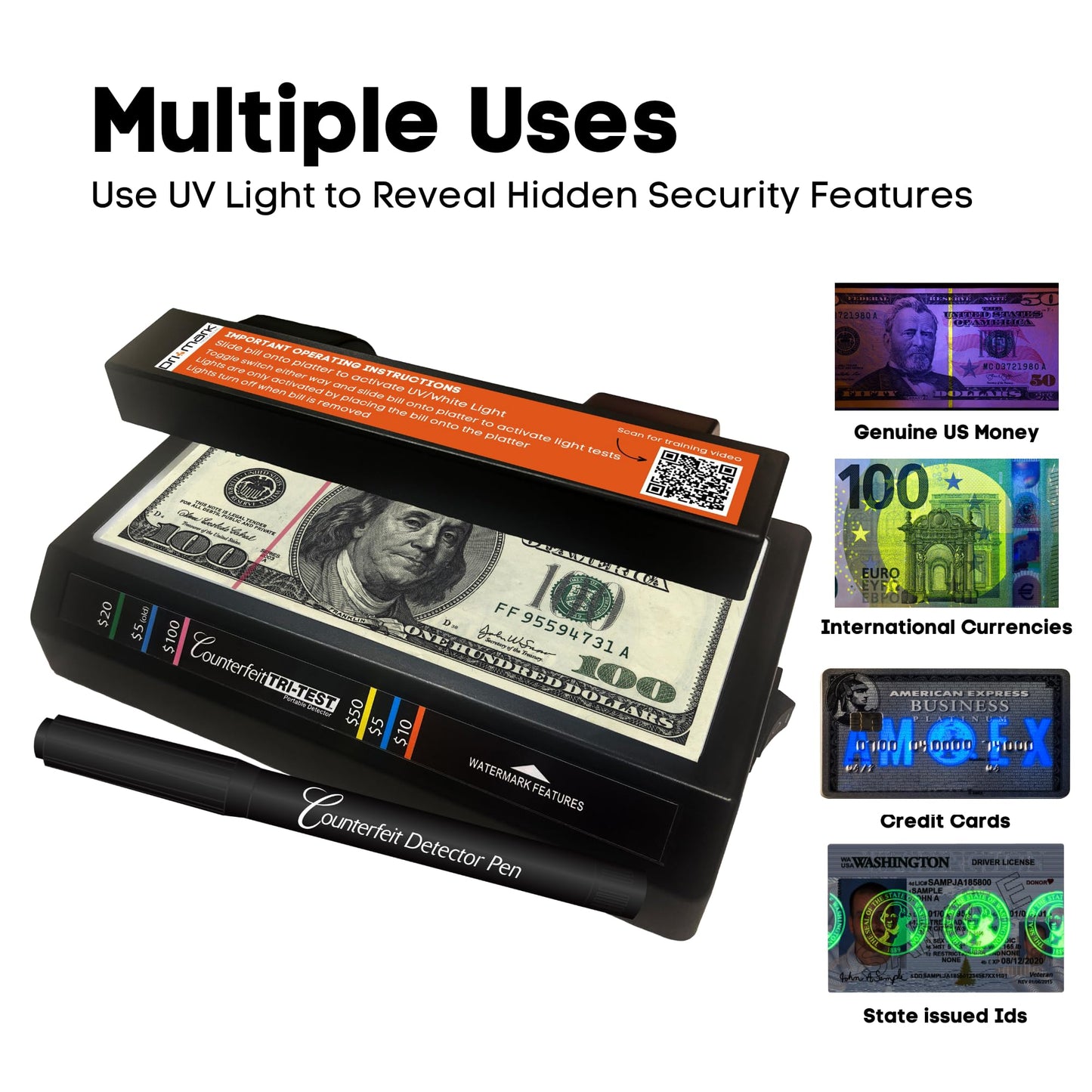 Dri Mark Tri Test - Counterfeit Bill Detector Machine w/AC Adapter - 3 Tests in 1 - Paper, Security Strip and Watermark Tests, Accurate Money Tester Machine with Counterfeit Detection Pen