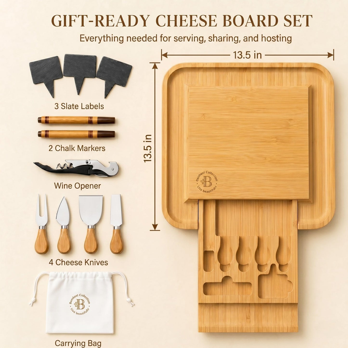 Bambüsi Charcuterie Boards - Large Bamboo Cheese Board Set with Knives for Serving Meat + Cheese Platter - House Warming Gifts for New Home, Wedding, Bridal Shower, Birthday Gifts for Women, Hostess