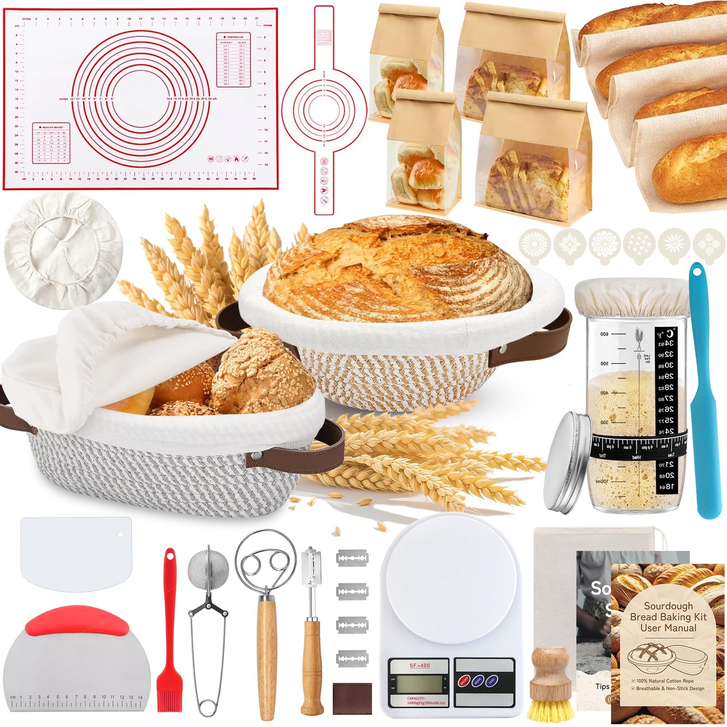 Aliggbent 38Pcs Sourdough Bread Baking Supplies – 11'' Oval & 10'' Round Cotton Rope Banneton Bread Proofing Baskets with Liners & Covers, Sourdough Starter Jar Kit, Scale, Bags & Bread Making Tools