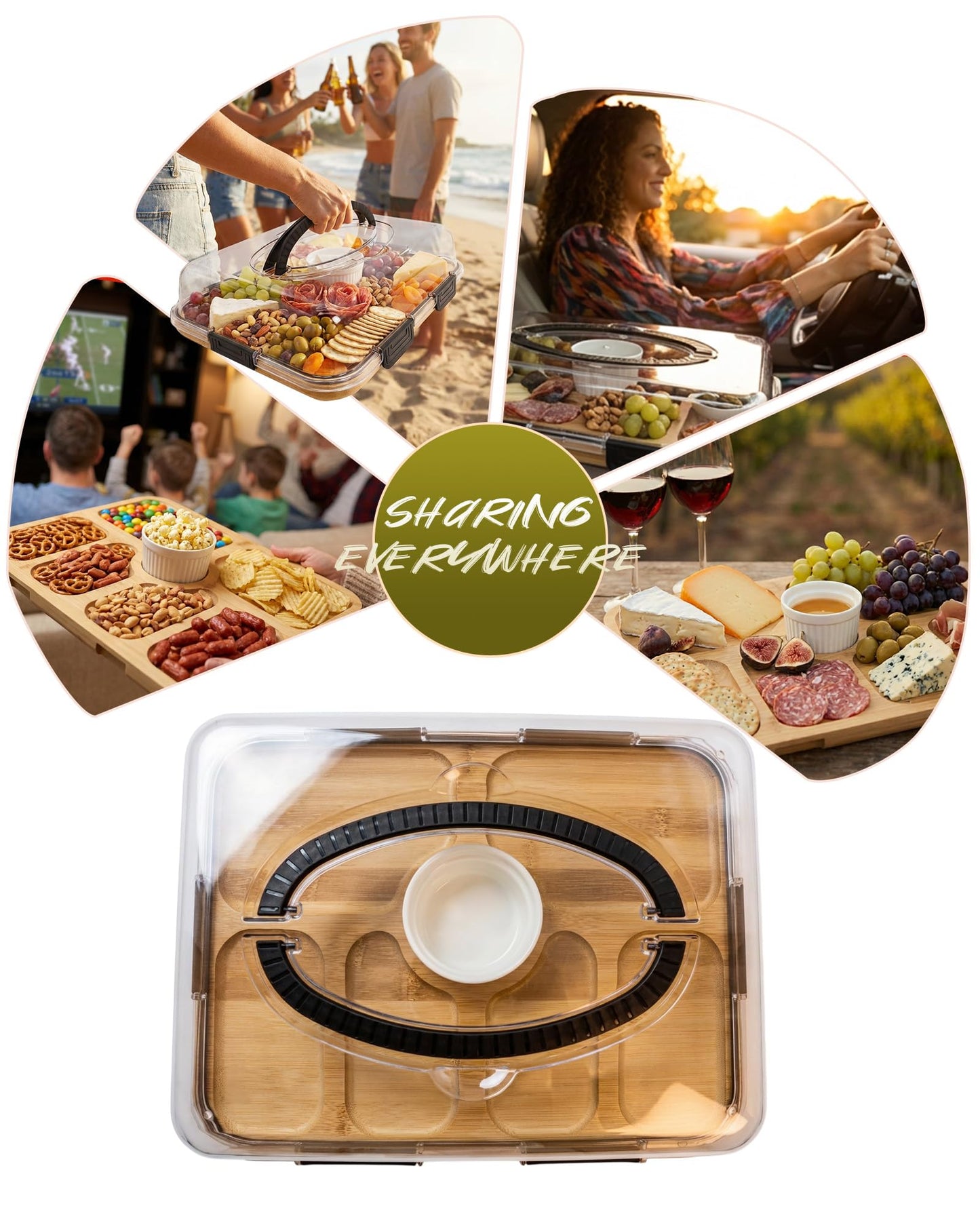Charcuterie Board with Lid & Ice, Upgraded 6 Snap Laches, Sauce Cup Included, Large Portable Cheese Tray with Handle, Serving Tray for Picnic & Pool, House Warming Gifts New Home (Black)