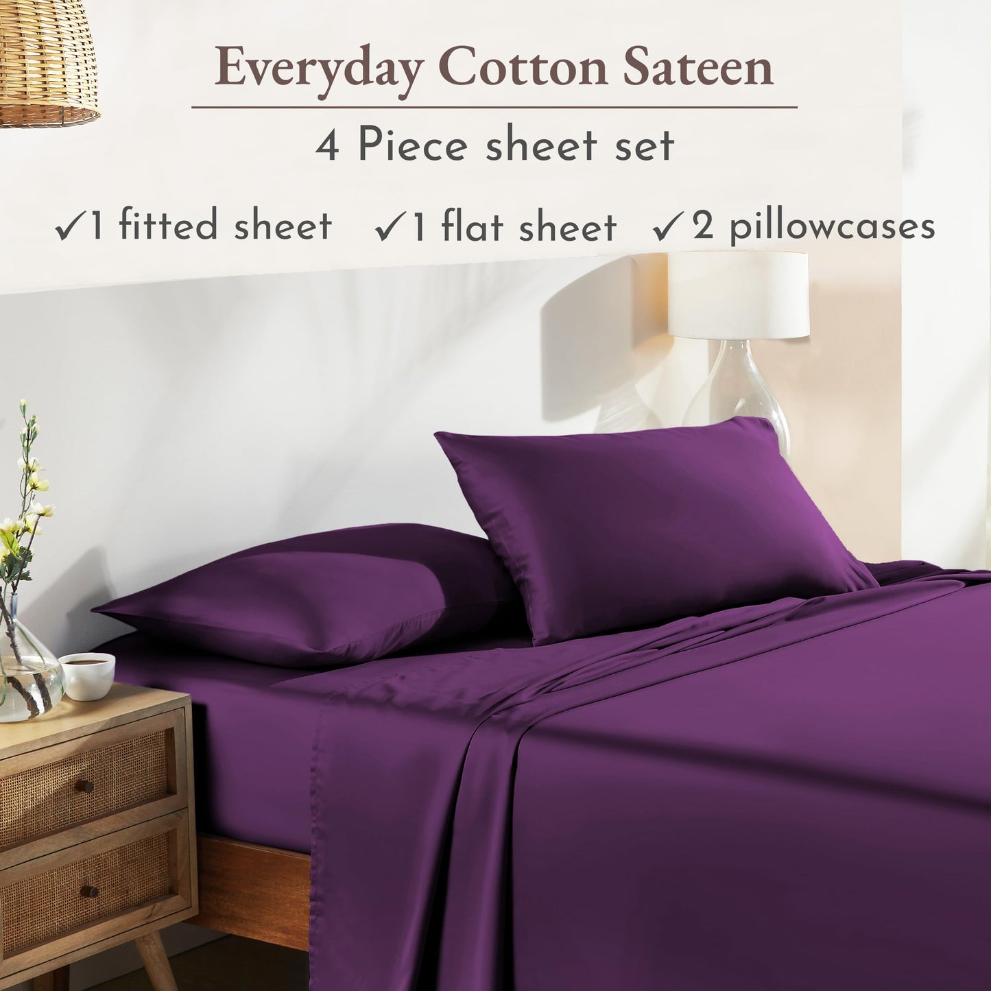 California Design Den Queen Bed Sheets Set - Natural 100% Cotton Sheets, Soft Sateen Weave, Fully Elasticized Deep Pockets, Breathable and Durable Bedding - Purple Passion