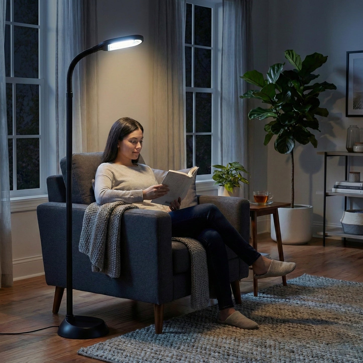 Lavish Home Adjustable LED Floor Lamp with Bendable Neck - Full Spectrum Natural Sunlight LED Lamp for Bedroom and Living Room - Reading, Craft, and Esthetician Light (Black)