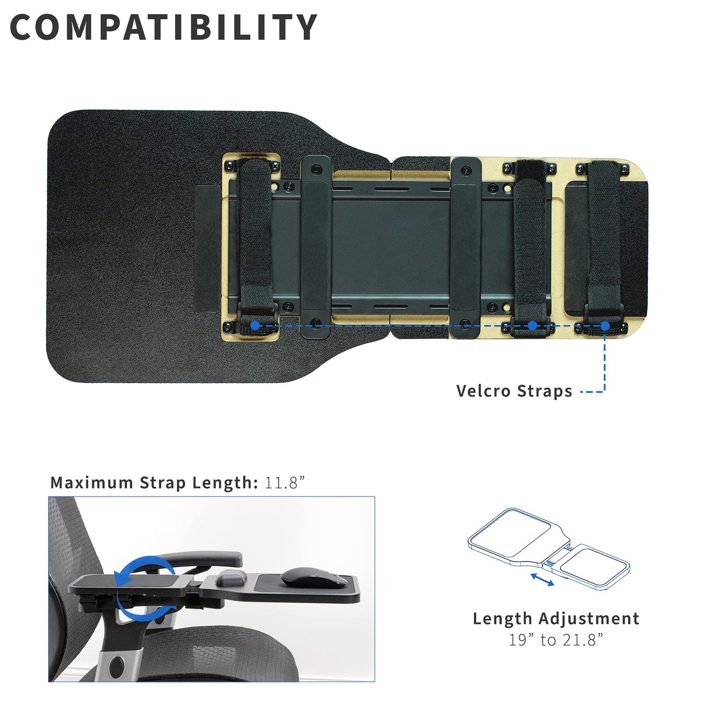 VIVO Wood Arm Rest Mouse Pad with Wrist Cushion, Adjustable Length Support Platform Tray, Chair Attachment Extension with Straps, Black, MOUNT-MS02D