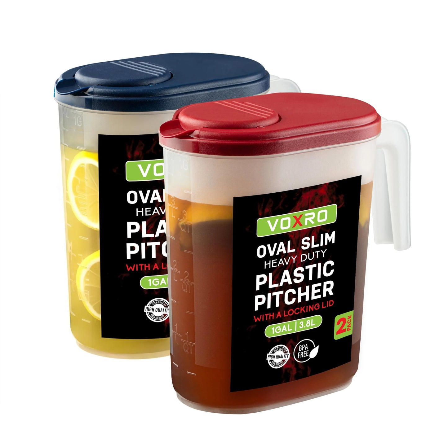 2-Pack Oval Slim Plastic Pitchers With Lids – 1 Gallon, Flip-Top Pivot Spout, Well-Gripped Handle, Water Jug, With Measuring Option, Ideal for Water, Juice & Iced Tea (Blue & Red) BPA Free