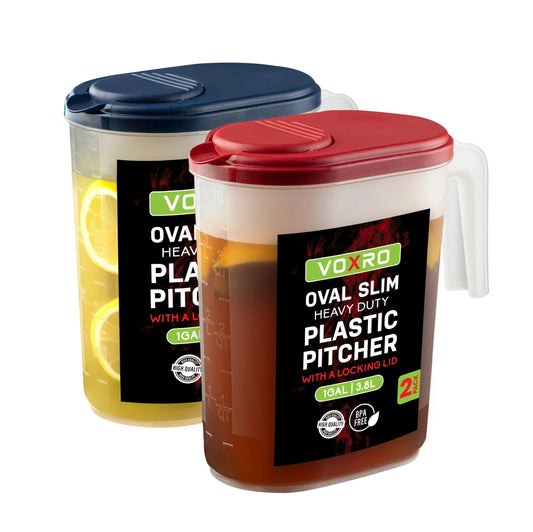 2-Pack Oval Slim Plastic Pitchers With Lids – 1 Gallon, Flip-Top Pivot Spout, Well-Gripped Handle, Water Jug, With Measuring Option, Ideal for Water, Juice & Iced Tea (Blue & Red) BPA Free