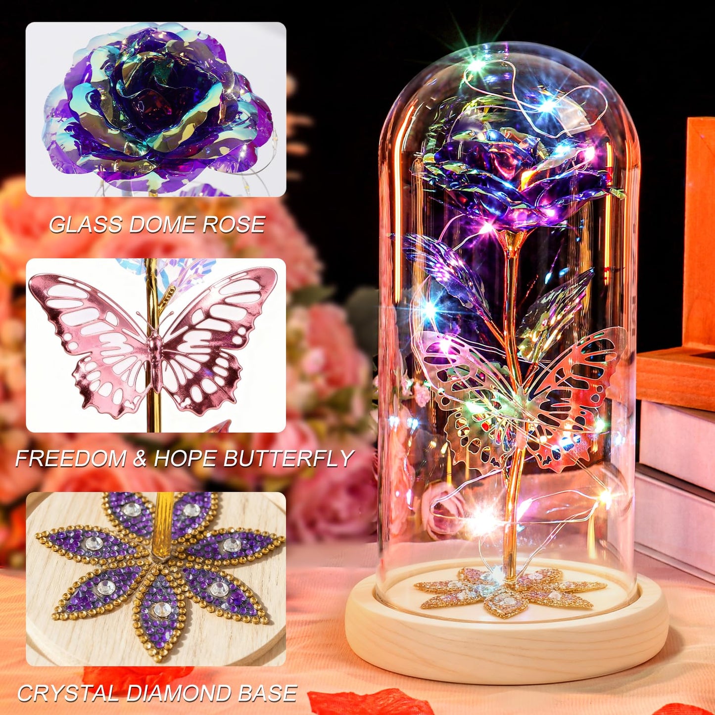 Mothers Day Rose Gifts for Mom Galaxy Glass Roses Preserved Forever Flowers for Delivery Light Up Rose in Glass Dome Anniversary Birthday Gifts for Women Grandma Wife Her Daughter Friend Purple