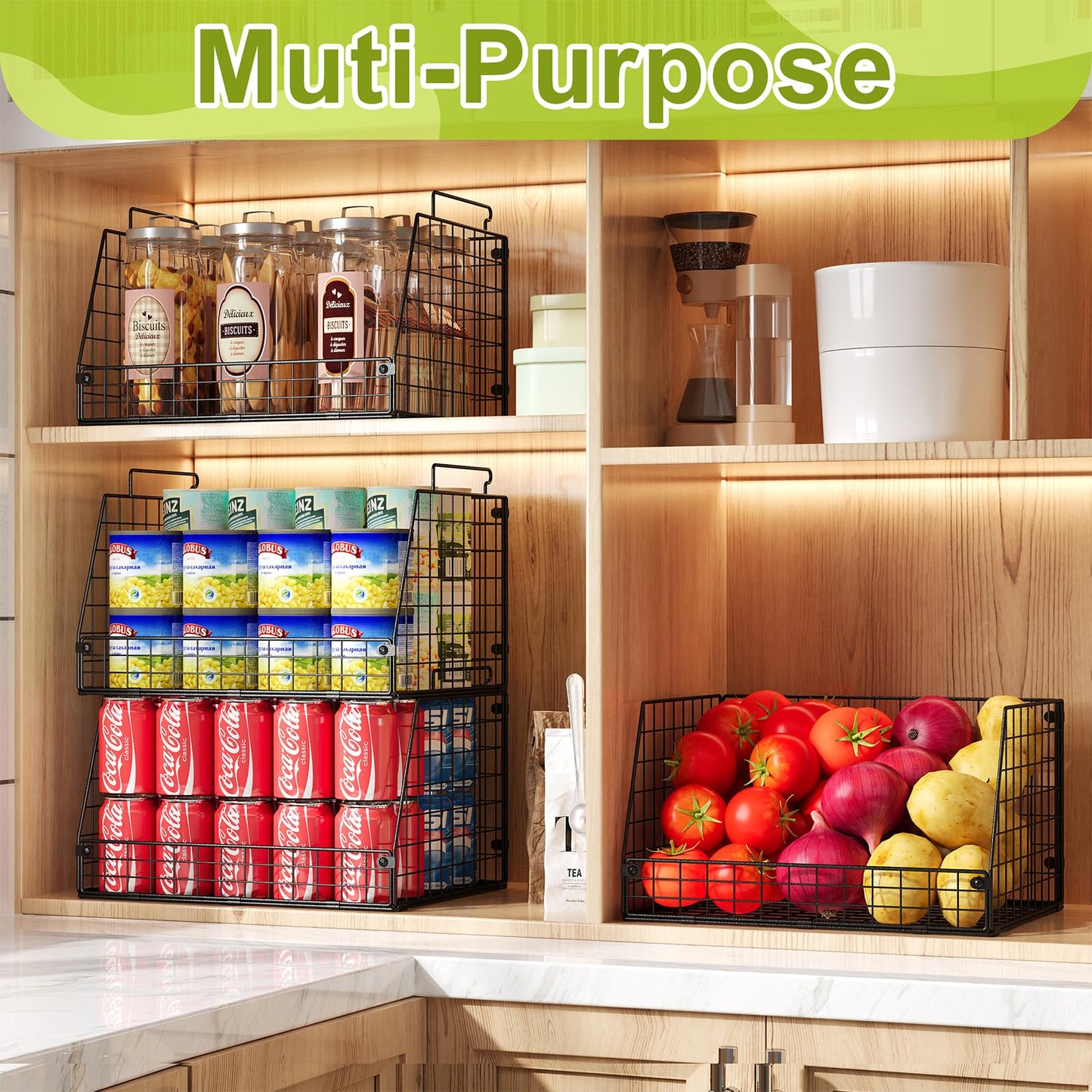 4 Pack XXL Stackable Wire Storage Basket, Extra Large Capacity Pantry Organizer and Storage, Muti-Purpose for Vegetable Fruit Basket & Can Organizer & Snack Rack & Metal Pantry Bin