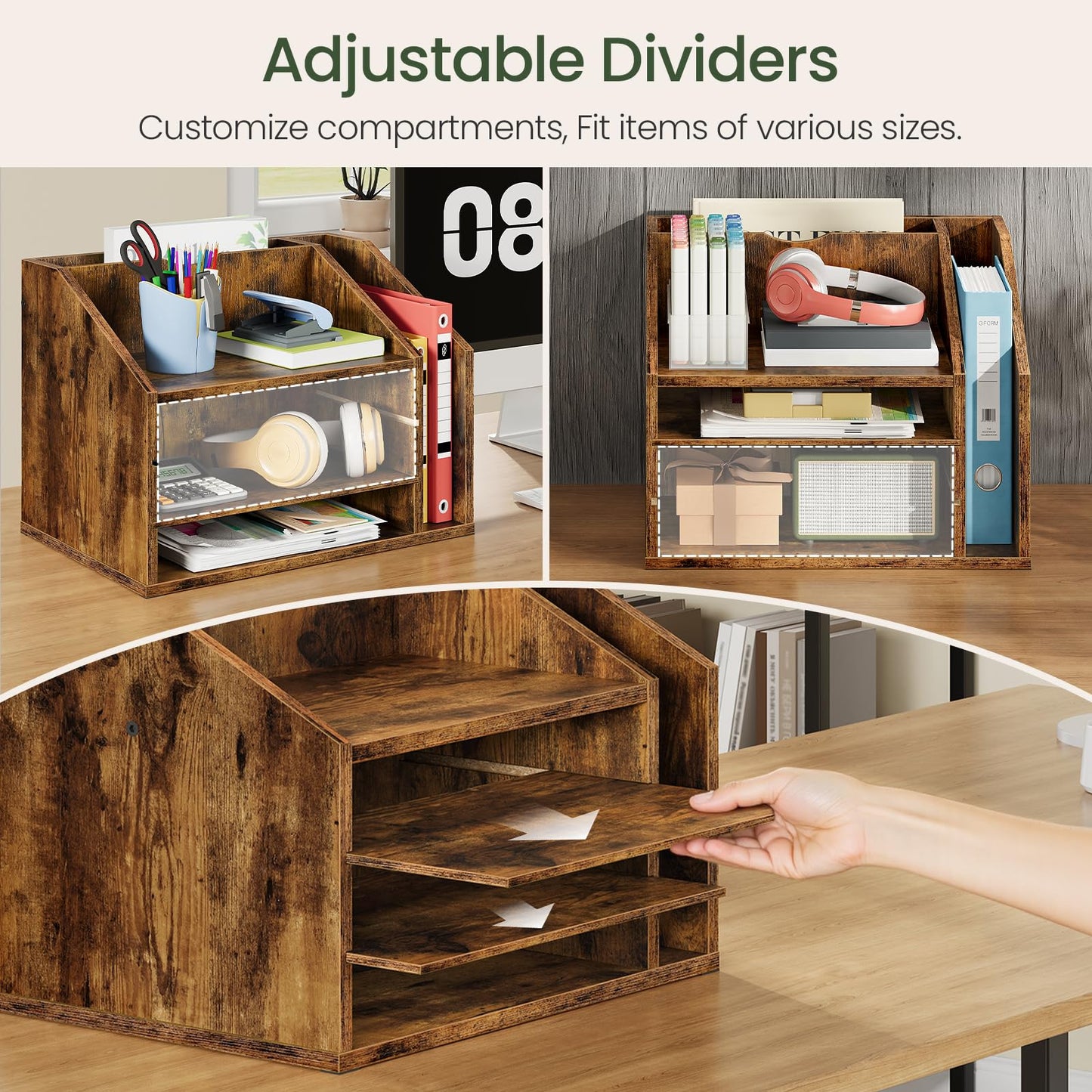 CHOEZON Wooden Desk Organizer with Adjustable Partitions, Multi-Layer Desktop File Holder for Home Office, Paper & Stationery Storage Organizer, Rustic Brown MWJ04FG