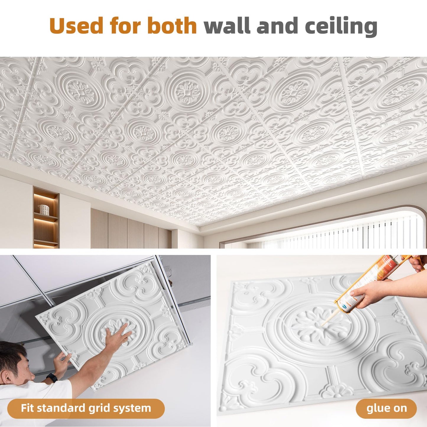 WOWSTAR 12-Pack 24"x24" Drop Ceiling Tiles, Waterproof Glue up Ceiling Panels, White