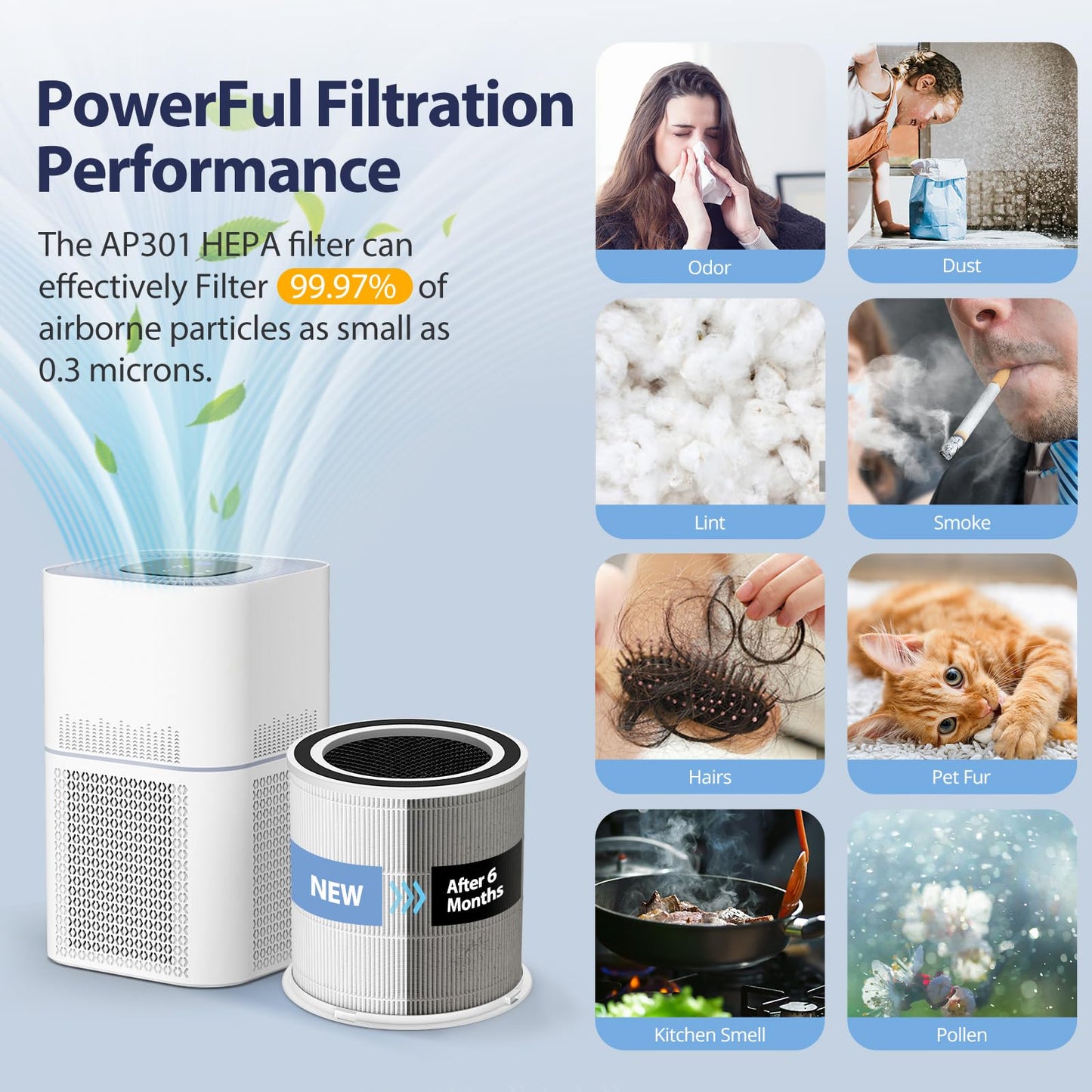 2 Pack AP301 Replacement Filter, Only Compatible with Dayette AP301 AP302 Air Purifier, Efficient Air Filter, NOT FOR AP303 AP304 AP401 AP402 AP403 AP404 Air Purifiers
