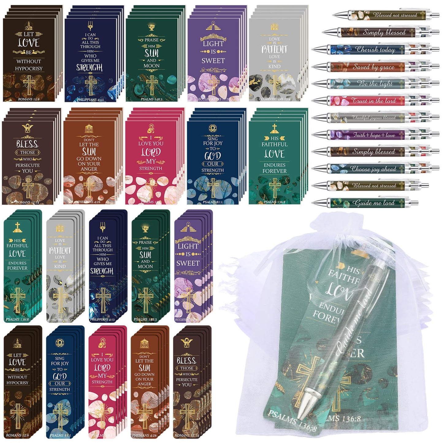 Yeaqee 200 Pcs Bible Verse Christian Church Gift Bulk for Women Church Favors Sunday School Study Supplies Include 50 Bookmarks 50 Ballpoint Pens 50 Notebooks 50 Organza Bags(Stylish)