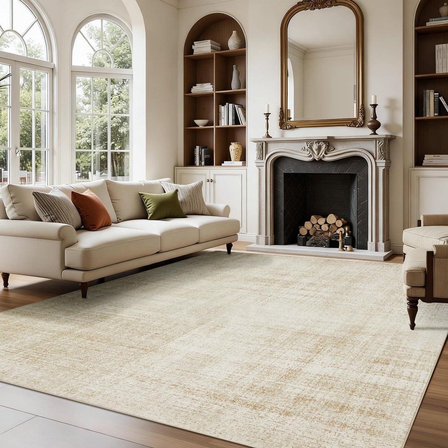 Joydeco 5x7 Area Rugs for Living Room, Machine Washable Vintage Area Rugs, Low Pile Non Slip Carpet, Lightweight Chenille Print Rug for Bedroom, Dining Room, Home Office, Beige
