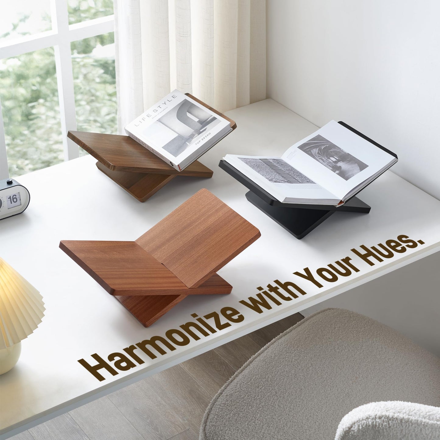 DECORANY Solid Wooden Book Stand for Desktop Display & Reading –15.7" x 9.4" x 5.7” Extra Large Wood Open Book Holder for Cookbook, Bible, Recipe, Textbook, Magazine (Solid Black Finish Wood)