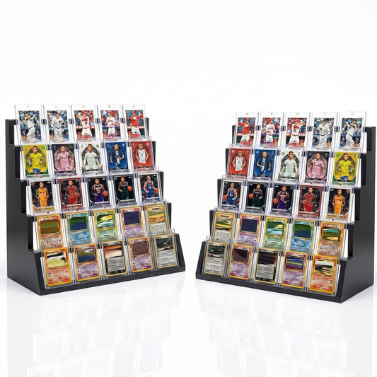 2 Pack 5 Tier Wooden Card Display Stand – Vertical Card Holder Display for Trading Cards, Game Cards, Sports Cards, Graded PSA/BGS/SGC, Baseball, Basketball&Football(Soccer) Card Stand, Desk & Shelf Organize,Black