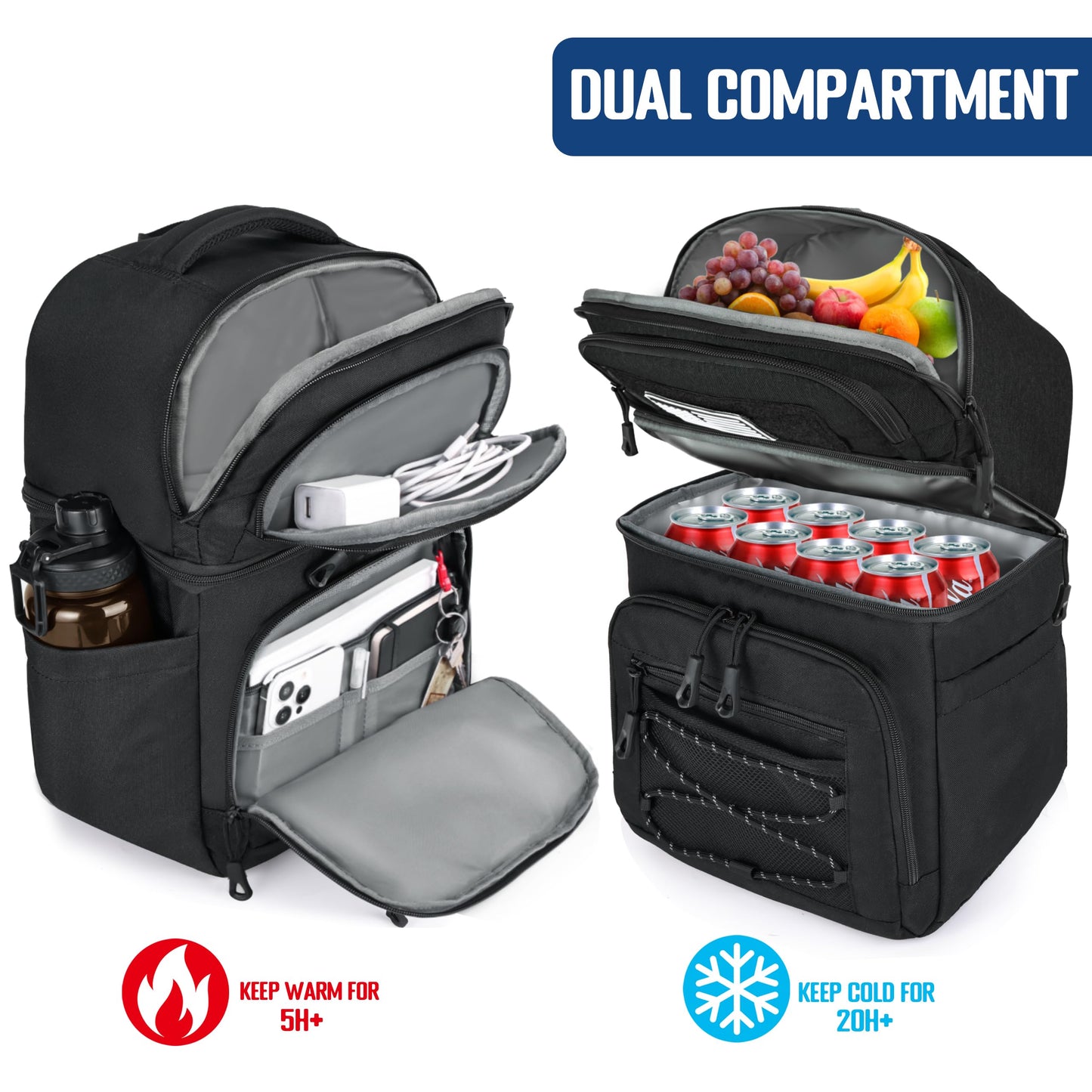 MOZETO Lunch Cooler Backpack Double Deck Lunch Box Backpack Insulated Leakproof Compartments Coolers Bag for Beach Travel Picnic Lunch Hiking BBQ Camping