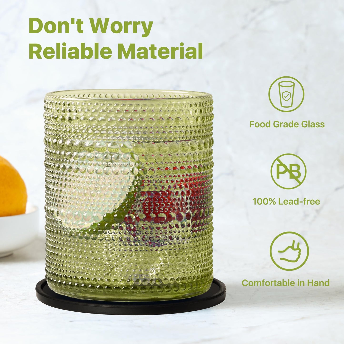 DmmyAlzx Hobnail Drinking Glasses Set of 12 Count, Vintage Glassware, Old Fashioned Glasses, 6 Highball Bubble Drinking Cups 14.5 oz, 6 Rocks Cups 10 oz with 6 Silicone Coasters, Green