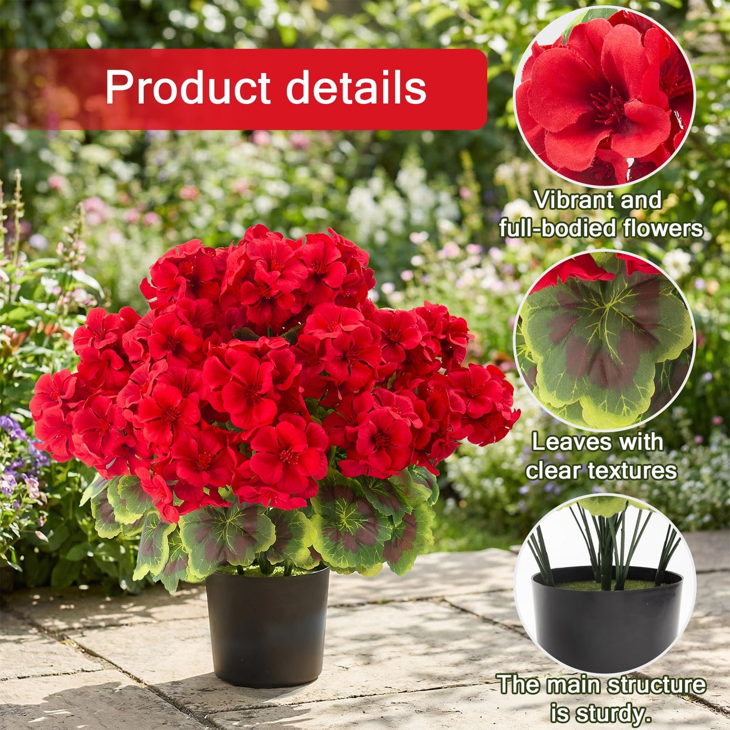 lovemoon 2 Pcs Geranium Potted Artificial Flowers, 19" Fake Geraniums Plants UV Resistant Silk Potted Plants for Outdoor Home Décor Office Porch Garden Decor (2, Red)