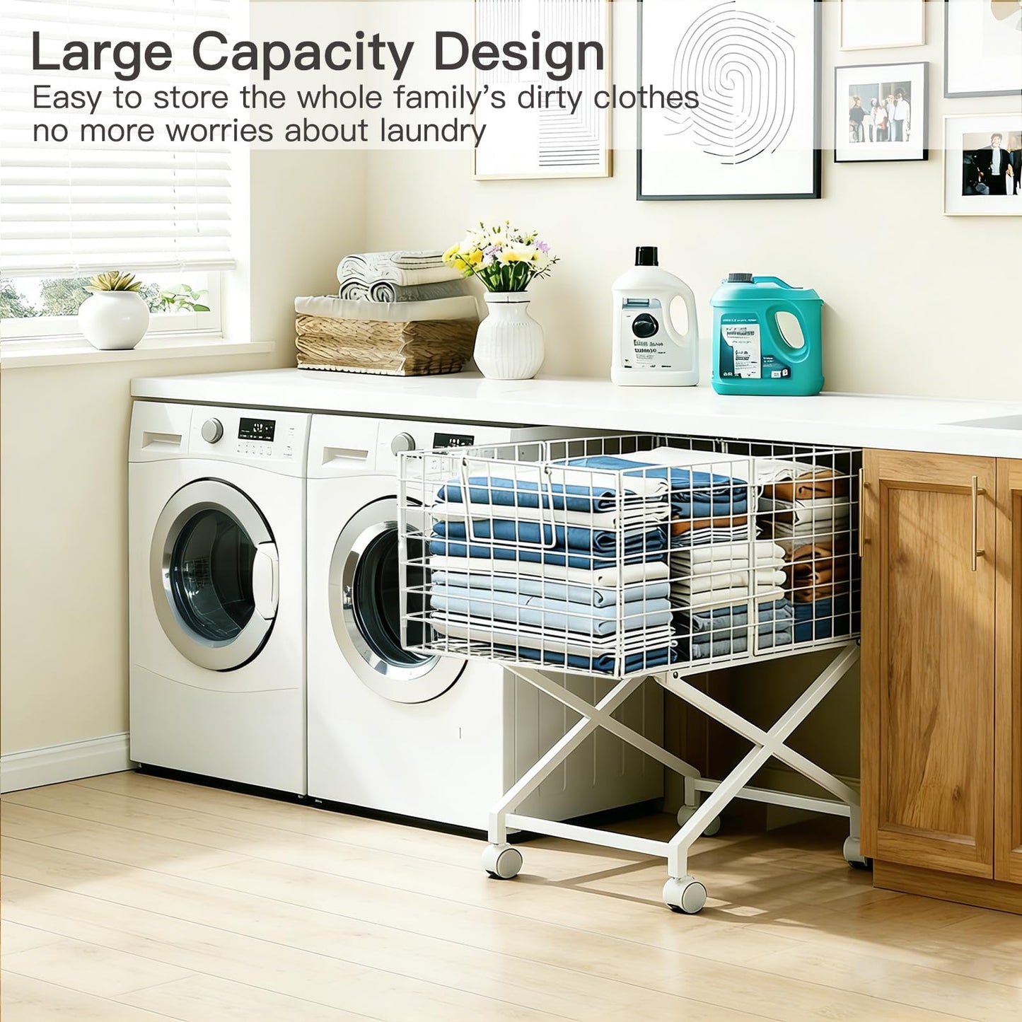 Rolling Laundry Basket with Wheels - 27" Elevated Wire Laundry Hamper, 80L Sturdy Metal Laundry Cart, 10-Min 8-Screw Assembly, Ergonomic No-Bending Mobile Clothes Bin for Laundry Room (White)