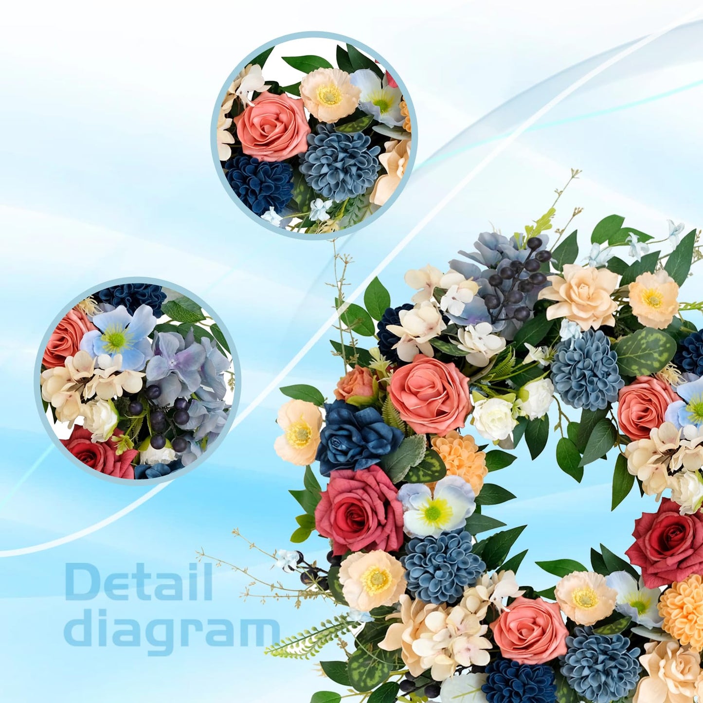 vivimemo 22 inch Spring Wreath Artificial Flower Wreaths Spring Summer Yellow Blue Rose Hydrangea Wreaths Front Door Hallway Window Decoration Wedding Birthday Decoration