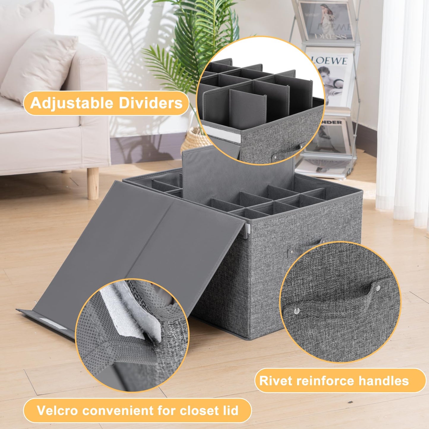FBBABB 2 Pack Shoe Storage Box Fits 32 Pairs, Large Shoe Organizer with Lid and Adjustable Dividers for Closet, Shoes, Sneakers and High Heeled, Foldable and Stackable (Grey)