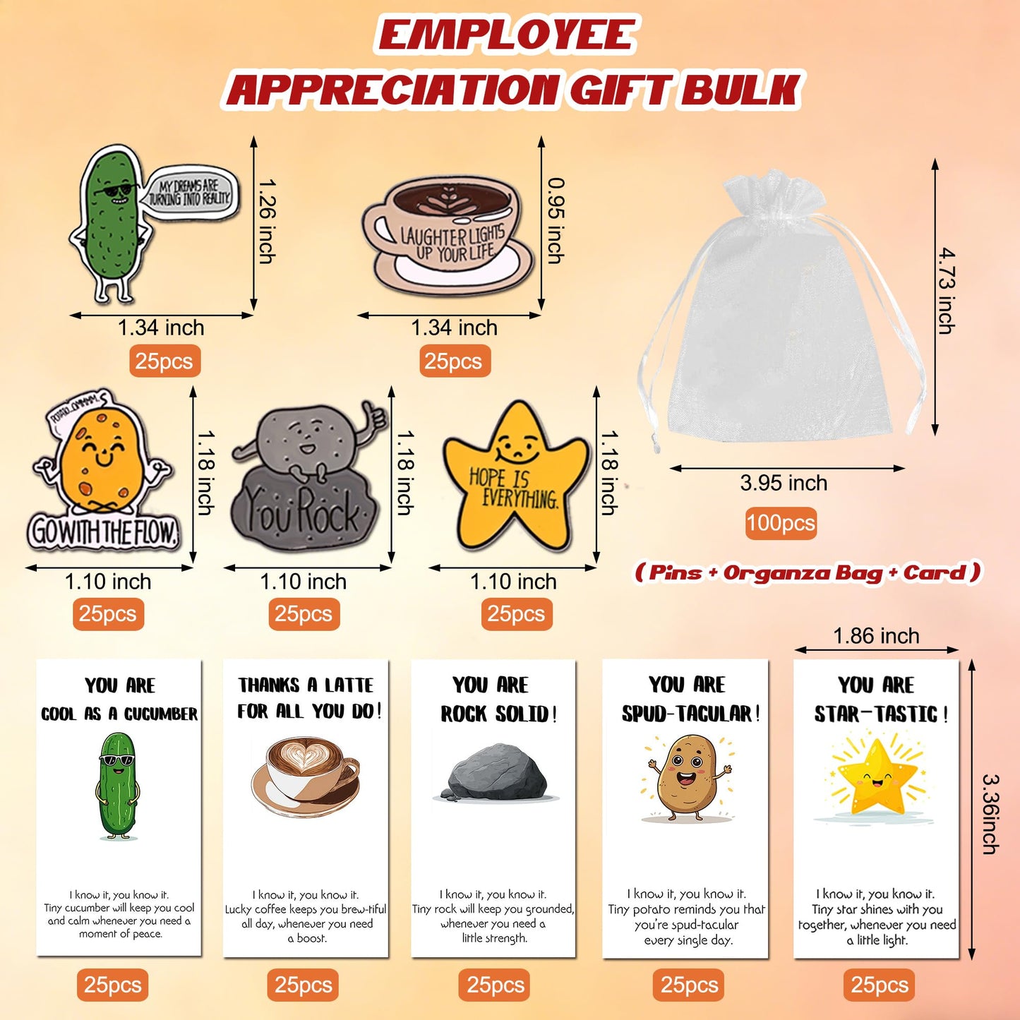 SINCCO 25/50/100 Sets Employee Appreciation Gifts Bulk, Small Team Appreciation Gift for Employees Of The Month Lapel Pins With Inspirational Thank You Cards for Office Coworkers Staff