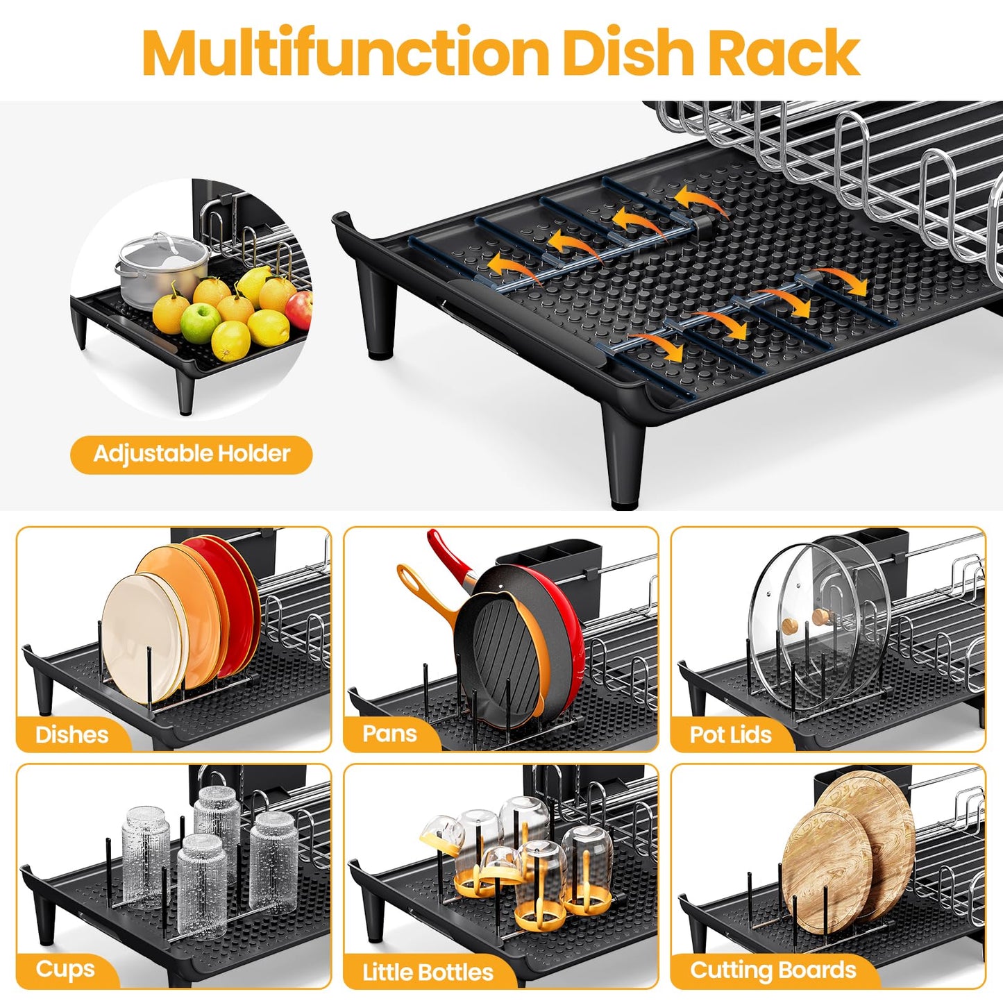 TOOLF Expandable Dish Rack, Dish Drying Rack for Kitchen Counter, Foldable Dish Dryer Rack, Stainless Steel Dish Drainer Racks with Cutlery Holder, Collapsible Dish Drying Racks Large Size,Black