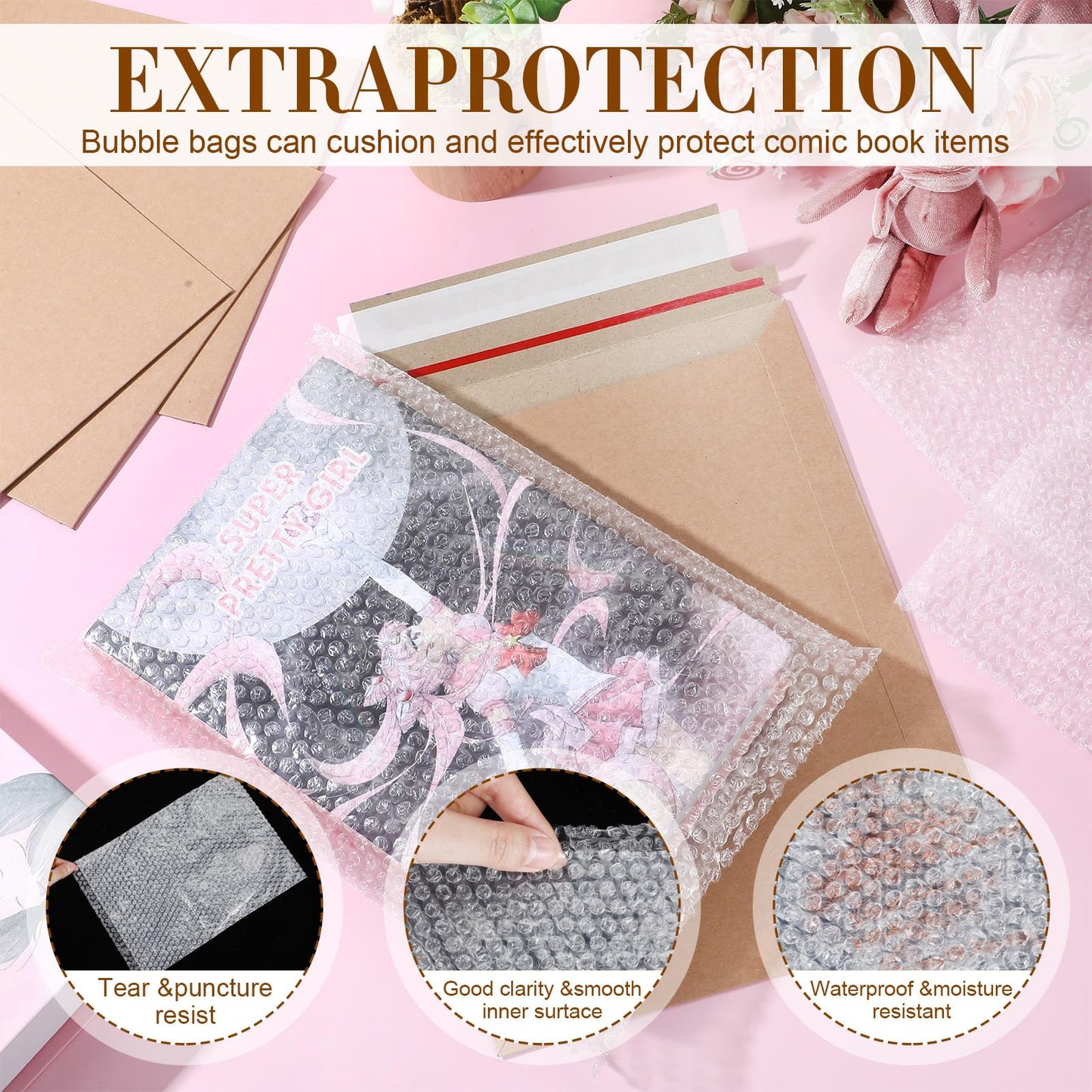 MotiMind 50 Pcs Comic Book Mailers Ship Envelopes Box 8.27 x 11.42 Inches with Bubble Protector, Flat Rigid Brown Kraft Paper Mailers with Self Adhesive Seal for Shipping Photos, Magazines