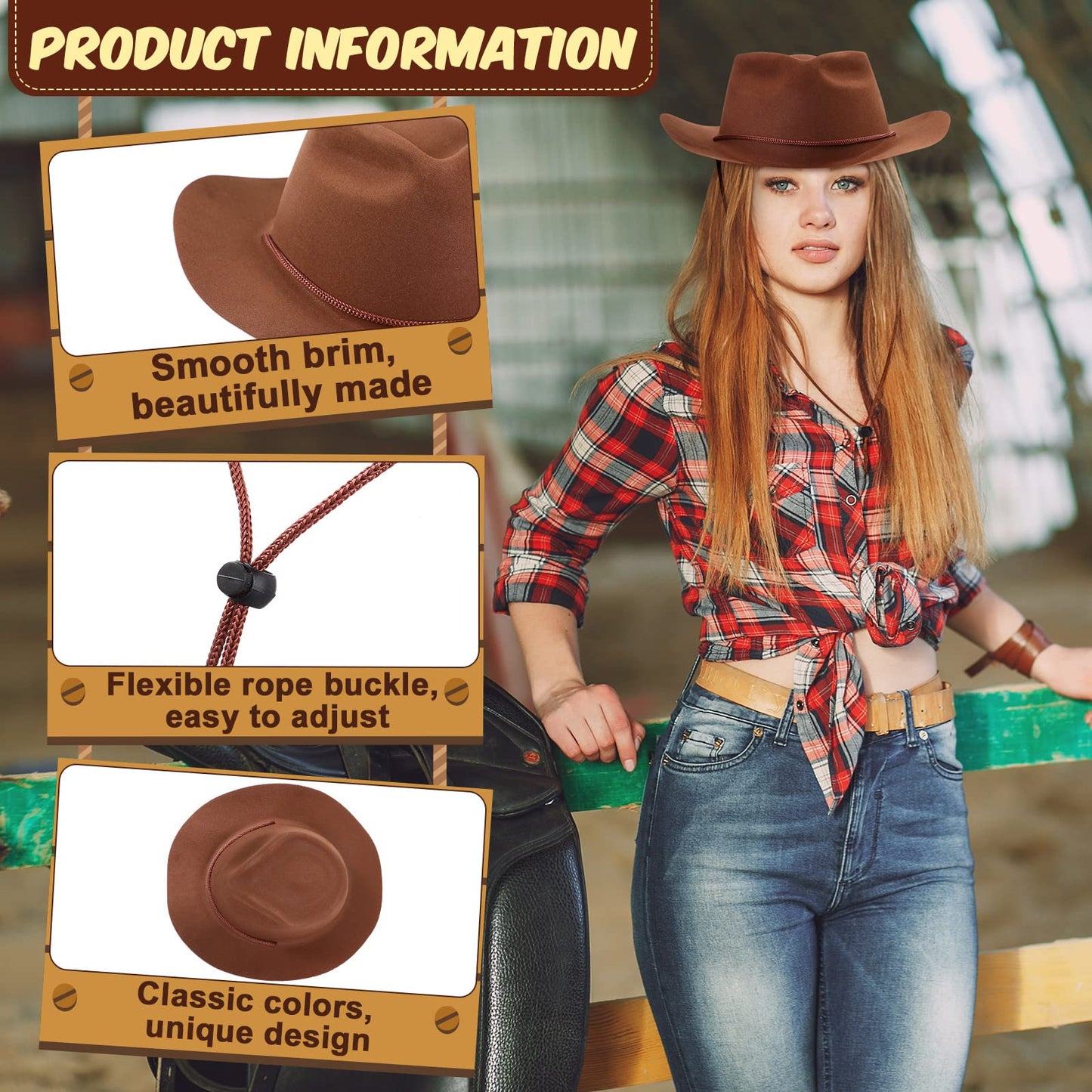 Mepase 24 Pieces Cowboy Hats Bulk Felt Western Party Wide Brimmed Cowgirl Hats Set for Adults Men Women Costume Party (Brown)