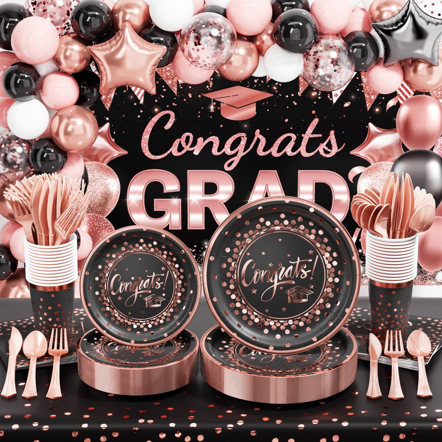 Ecomore 2026 Graduation Decorations - 245 PCS Grad Disposable Dinnerware(Serve 25) & Graduation Party Supplies With Congrats Paper Plate Cup Napkin Tablecloth Backdrop Balloon - Black Pink Rose Gold