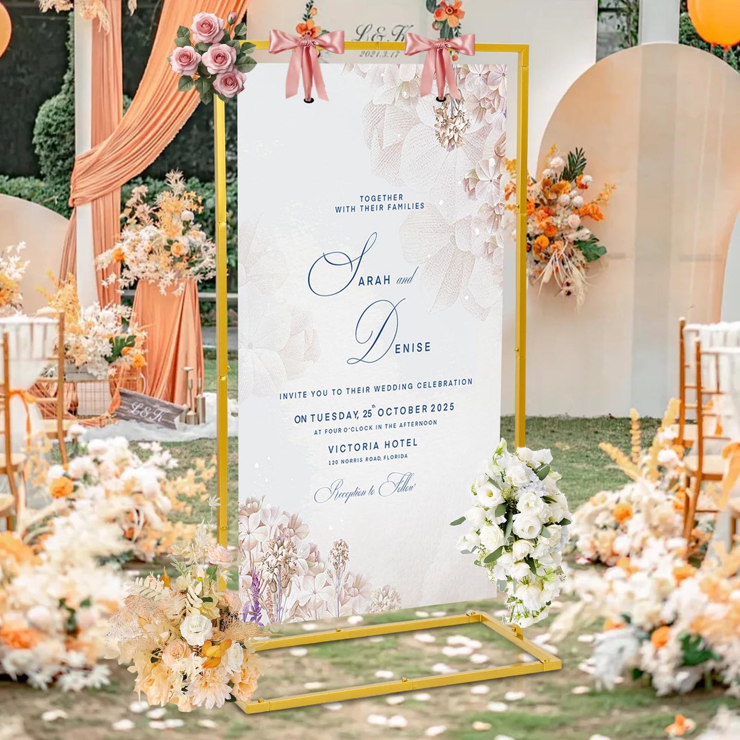 Elegant Wedding Sign Stand & Holder，Golden Heavy Duty Metal Wedding Welcome Sign Stand for Reception，Welcome to Our Wedding Hanging Sign Stand - Perfect for Seating Chart, Posters, and Decor
