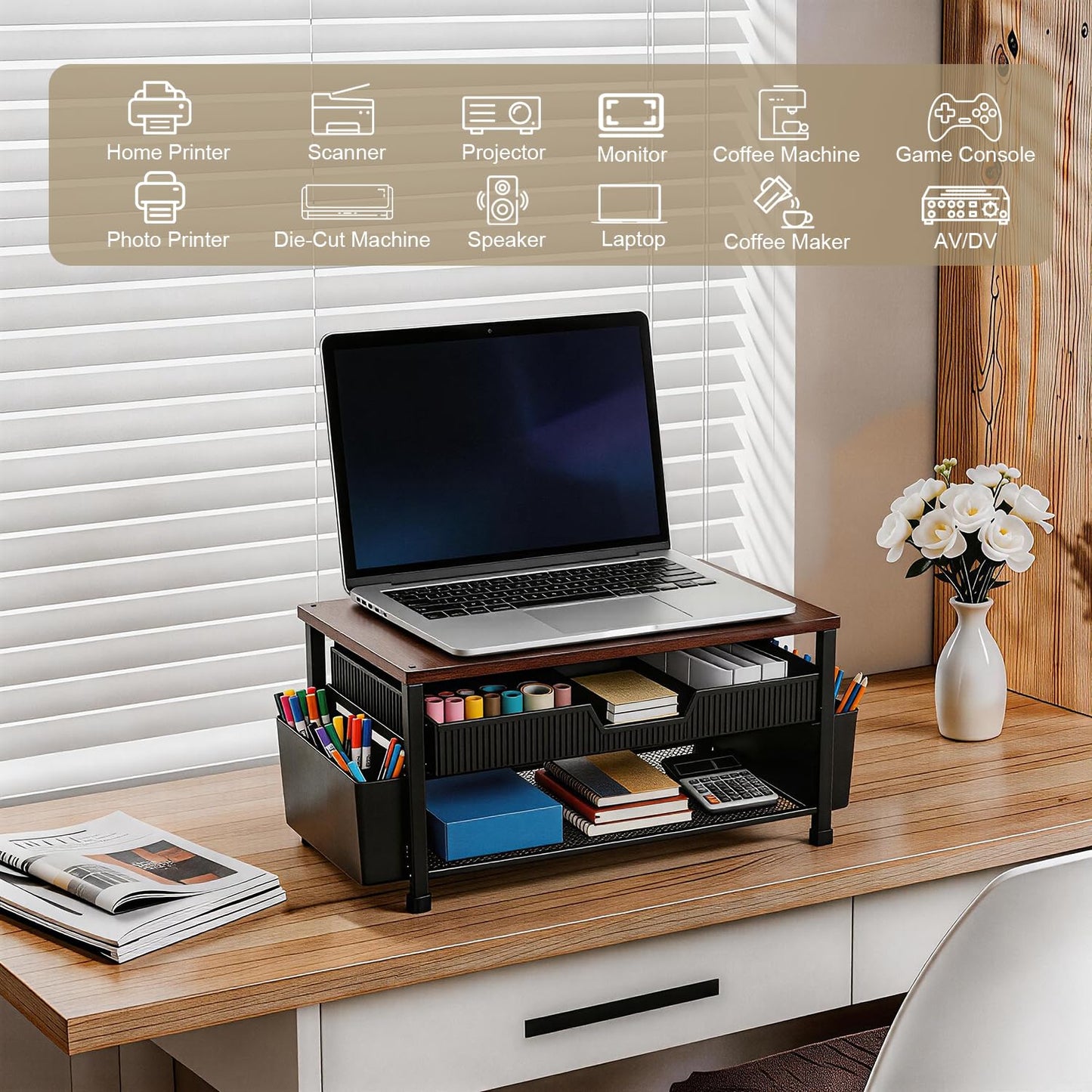 Gugsey Printer Stand for Desk, Desk Organizer with Storage, Desktop Printer Table for Home Office, Multi-Purpose Shelves for Home Printer, Fax Machine, Scanner, Die-Cut Machine (Brown)