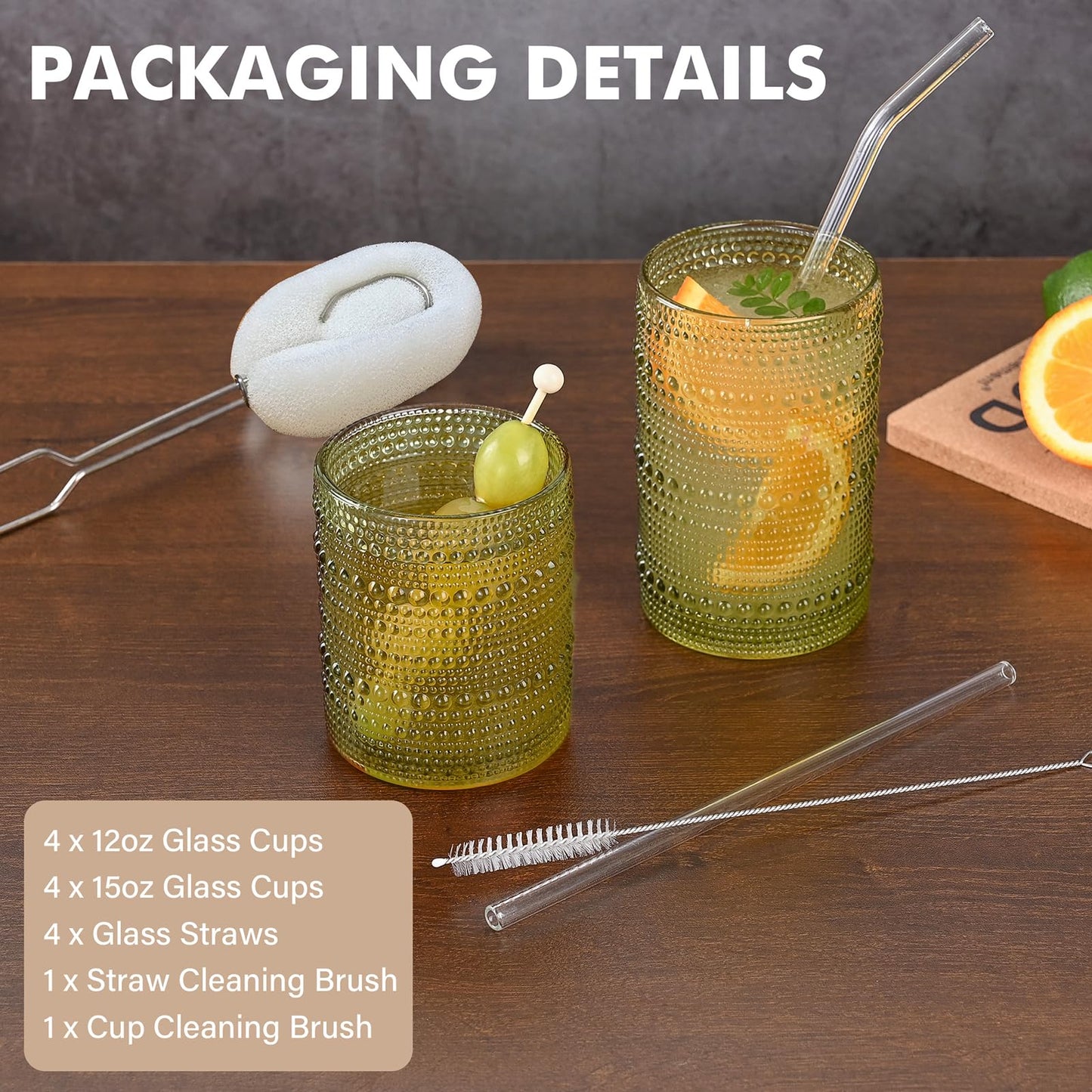 ZMOWIPDL Vintage Hobnail Drinking Glasses Set of 8,Green 12 oz & 15oz Highball Glass Cups, Kitchen Drinkware Glassware,Embossed Water Tumbler,for Beer,Cocktail,Whiskey,Juice and Various Mixed Drinks