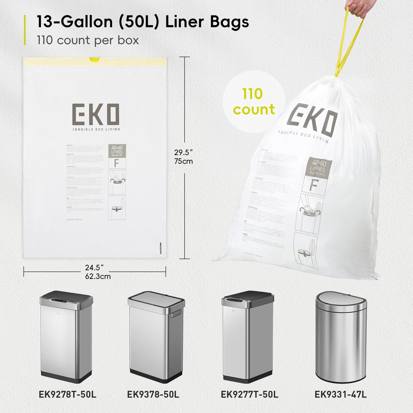 EKO 13 Gallon / 40-60 Liter,110 Count Drawstring Trash Bags, Extra-Strong Unscented Garbage Bags, Easy-Dispense Roll for Kitchen & Household Use, Resists Tears, Leaks and Punctures, Code F, White