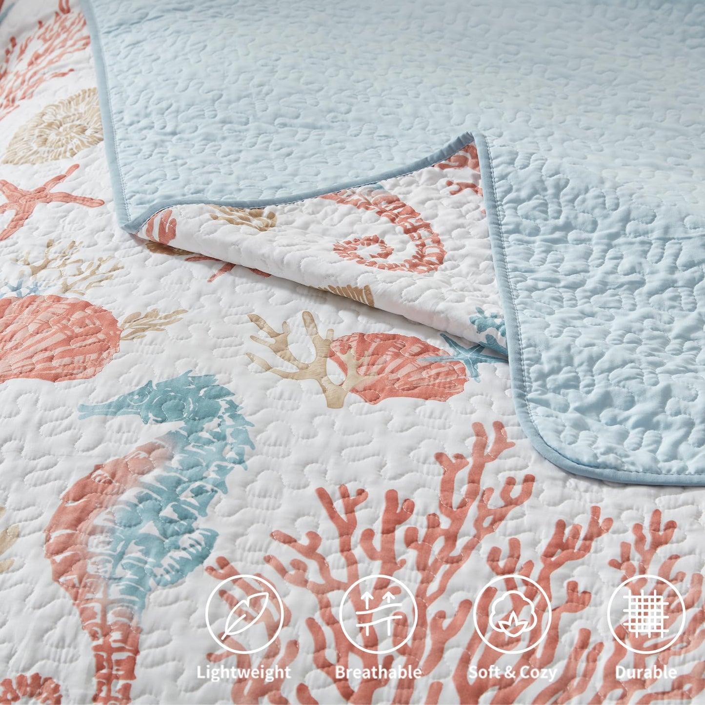LEAONME Coastal Quilt Set Full/Queen Size - Lightweight Microfiber Reversible Bedspread, 90''x98'', Coral, Includes 2 Shams
