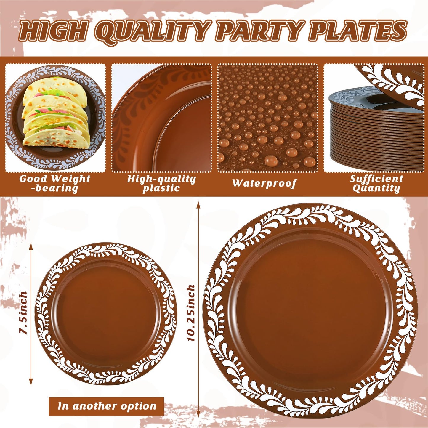 Yungyan 50 Pcs Mexican Plastic Plates Mexican Party Decoration Dinnerware Plastic Plates Cielito Lindo Birthday Baby Shower Party Decor(10.25inch,Brown,50)
