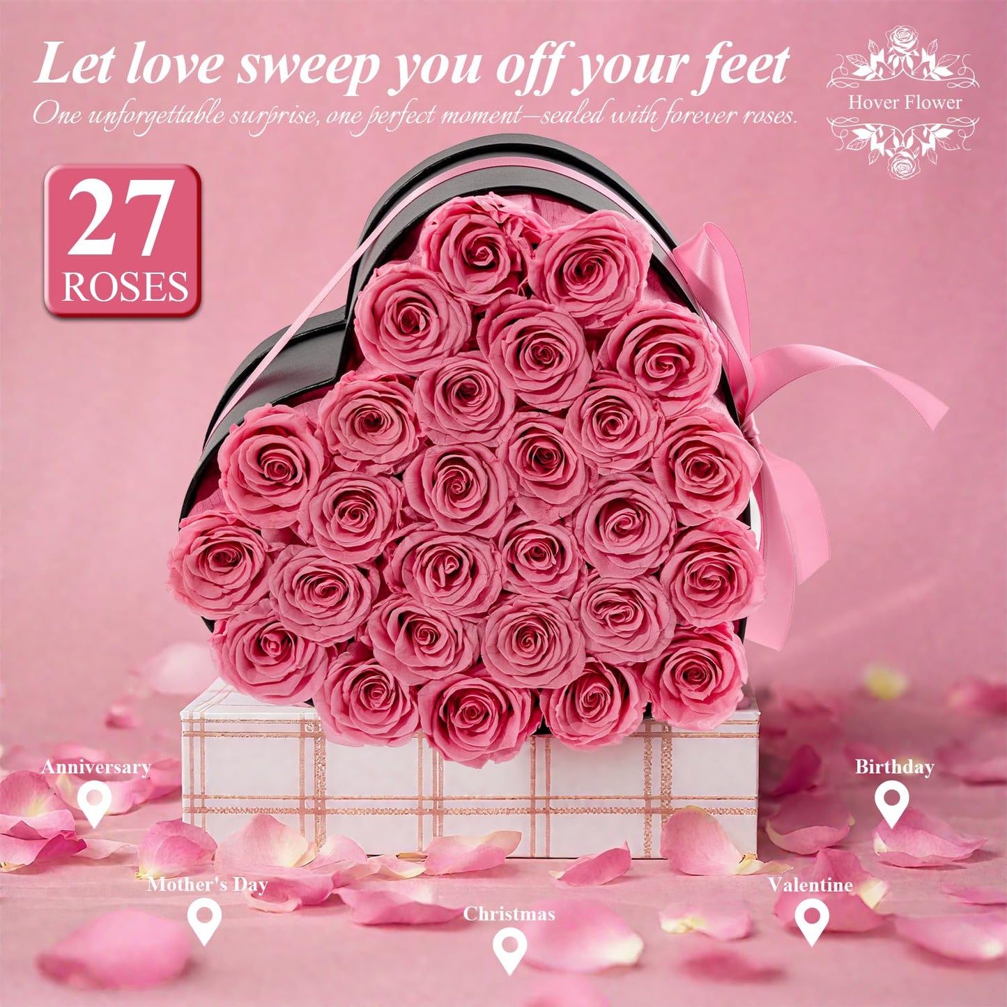 Hover Flower 27 Forever Preserved Flowers in a Box, Vanlentines Day Gifts for Her, Eternal Roses Flowers for Delivery Prime, Birthday Gifts for Women Mom Grandma Wife (Pink)