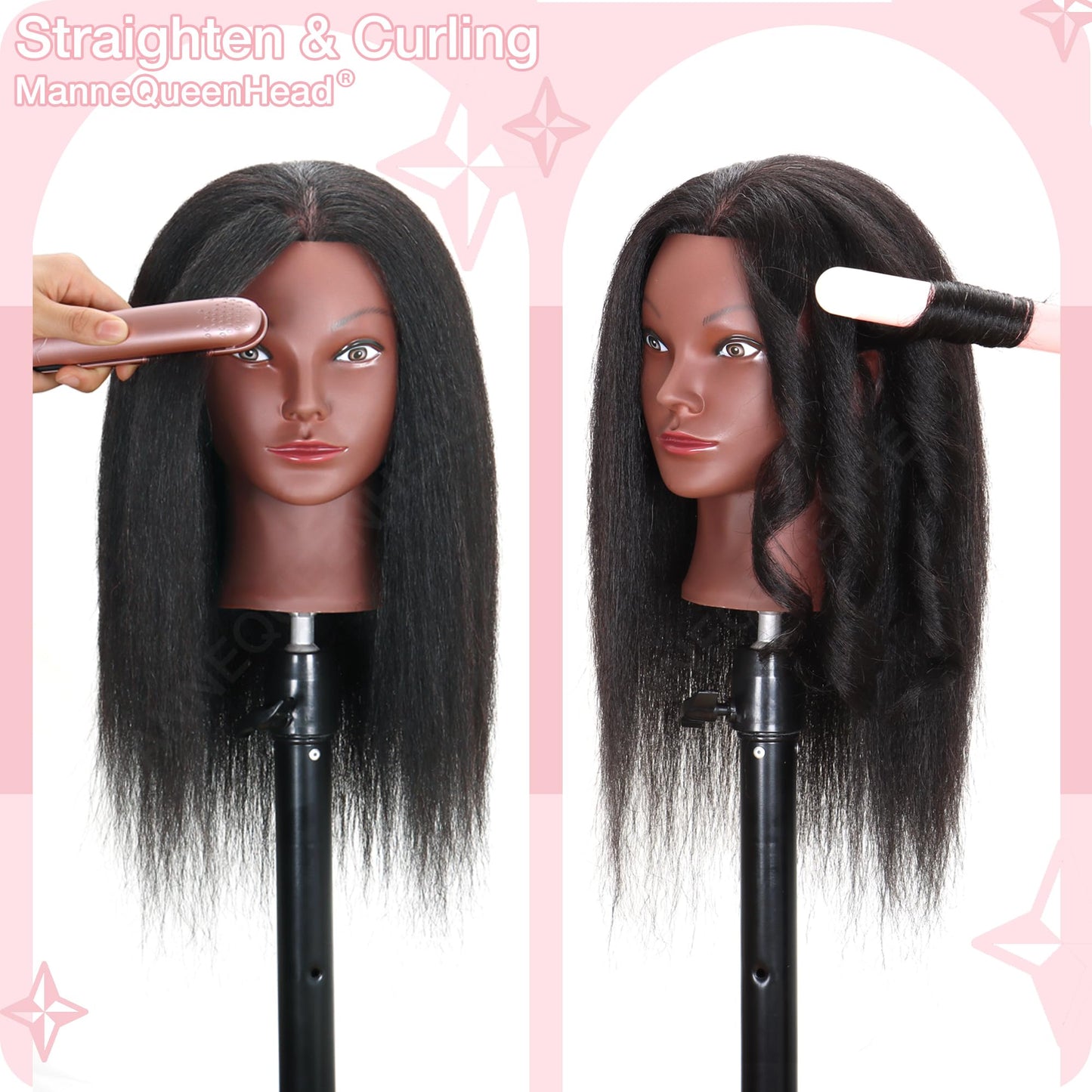 Mannequin Head with Human Hair 16'' Cosmetology Manikin Doll Head with 100% Real Human Hair for Braiding Hairdresser Practice Styling with Tripod Set