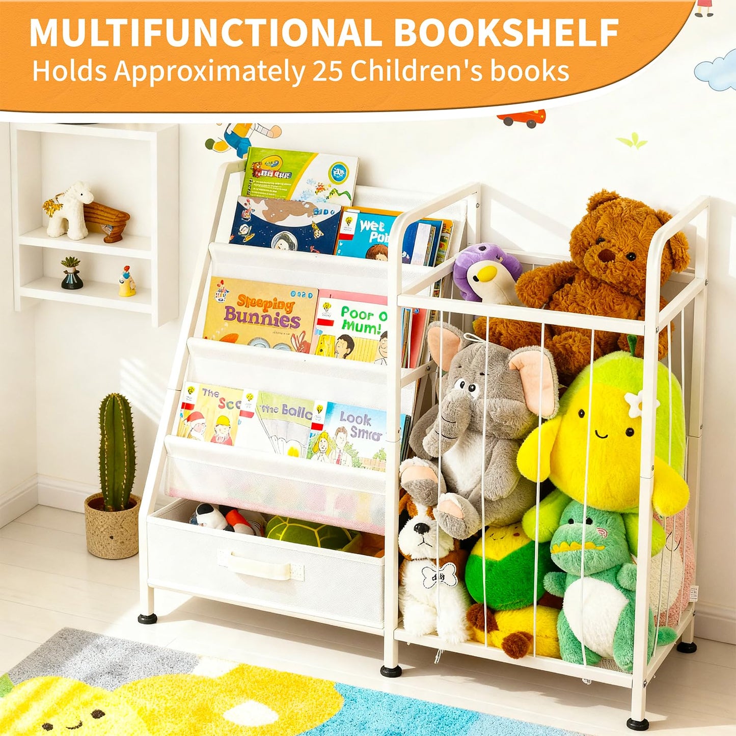 Kids’ Bookshelf & Stuffed Animal Storage – Large White 3-Tier Book Display Rack with Sling Shelves & Fabric Toy Chest | Toy Organizer for Playrooms, Bedrooms, Nurseries
