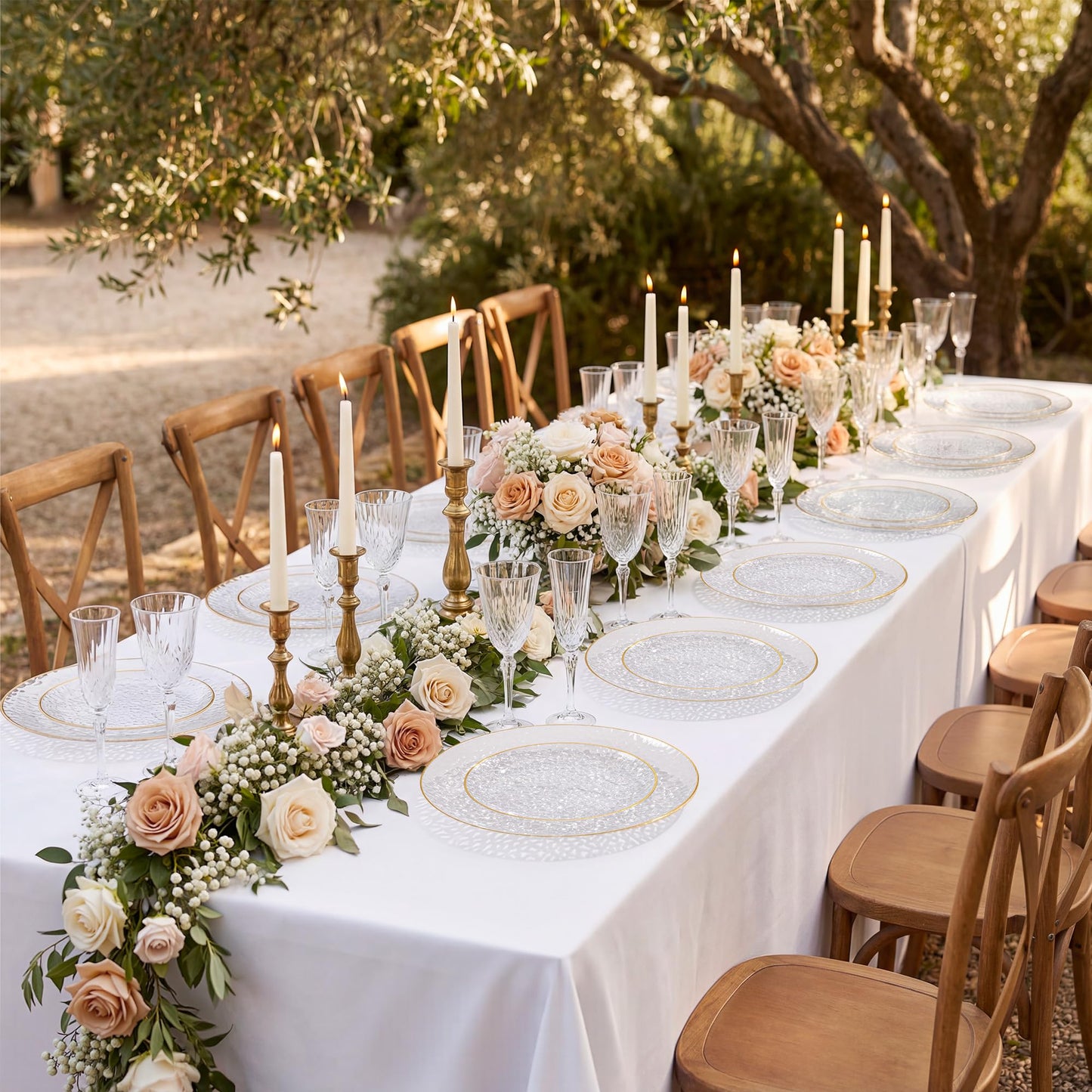 I00000 150Pcs Clear Plastic Plates with Gold Rim,Clear Disposable Plates with silverware,Gold hammer patterned plates Set include 30 Dinner Plate,30 Dessert Plate,90 Silverware Set for Party