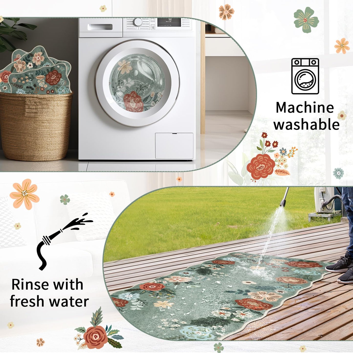 Homcomoda Floral Kitchen Rugs Mats for Floor 3PC, Farmhouse Non Slip Kitchen Rug Runner, Washable Non Skid Kitchen Rugs, Comfort Standing Mat for Laundry, Desk, Bar, Office