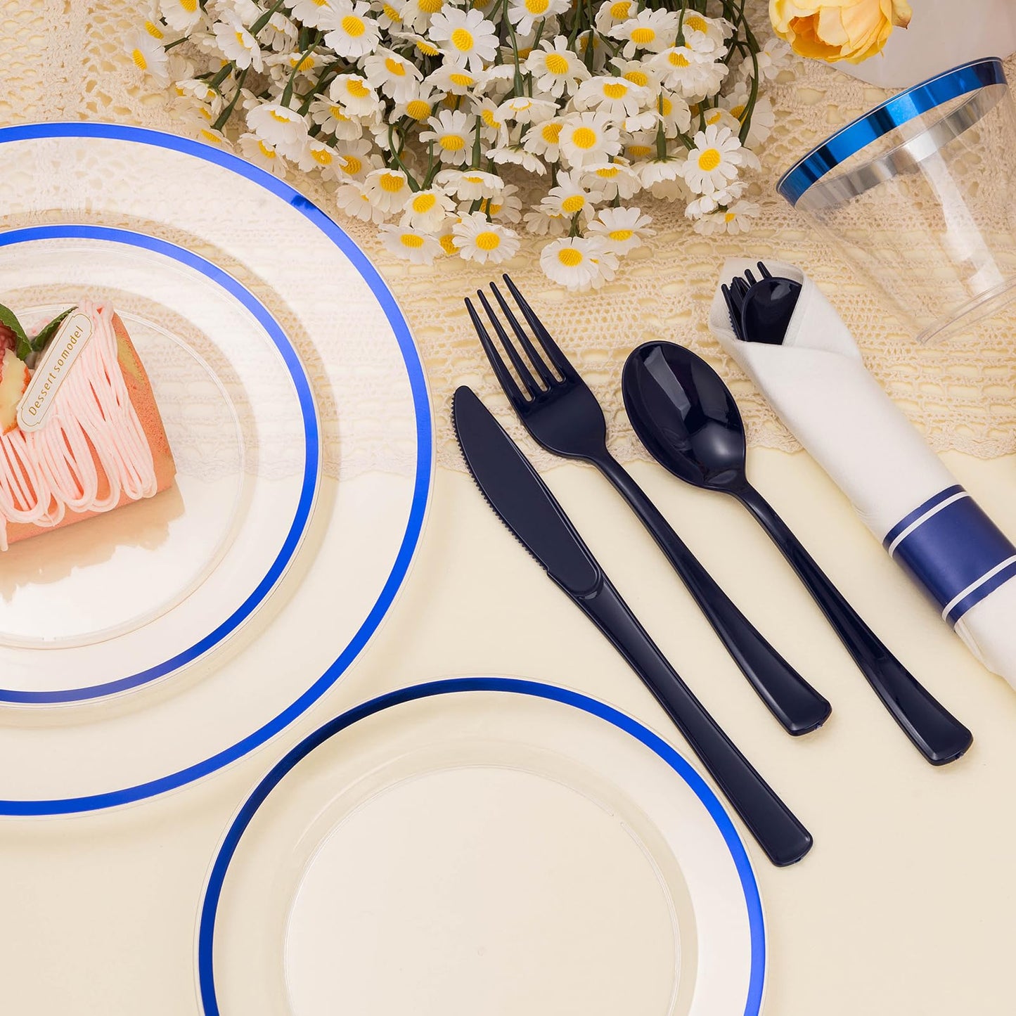 BESTSTAR 350PCS Clear and Blue Disposable Plates Set for 50 Guests, 100 Plastic Plates, 50 Cups, 50 Pre-Rolled Napkins with Plastic Cutlery for Graduation Party, Birthday, Thanksgiving, Christmas