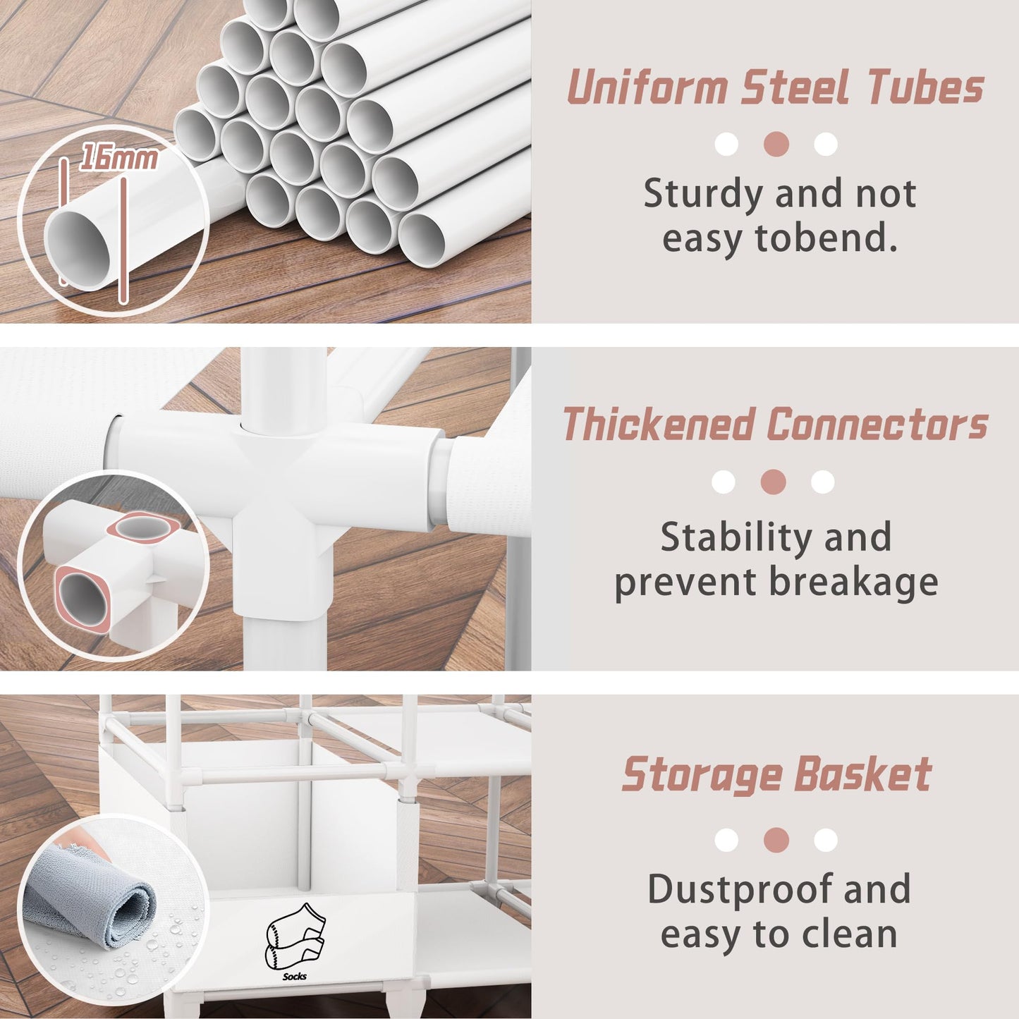 Jofuler Portable Closet, Easy Assembly, Large Capacity Wardrobe Closet, Sturdy and Stable Clothes Rack with Shelves 4 Storage Baskets and 2 Hanging Rods, for Bedroom and Cloakroom White
