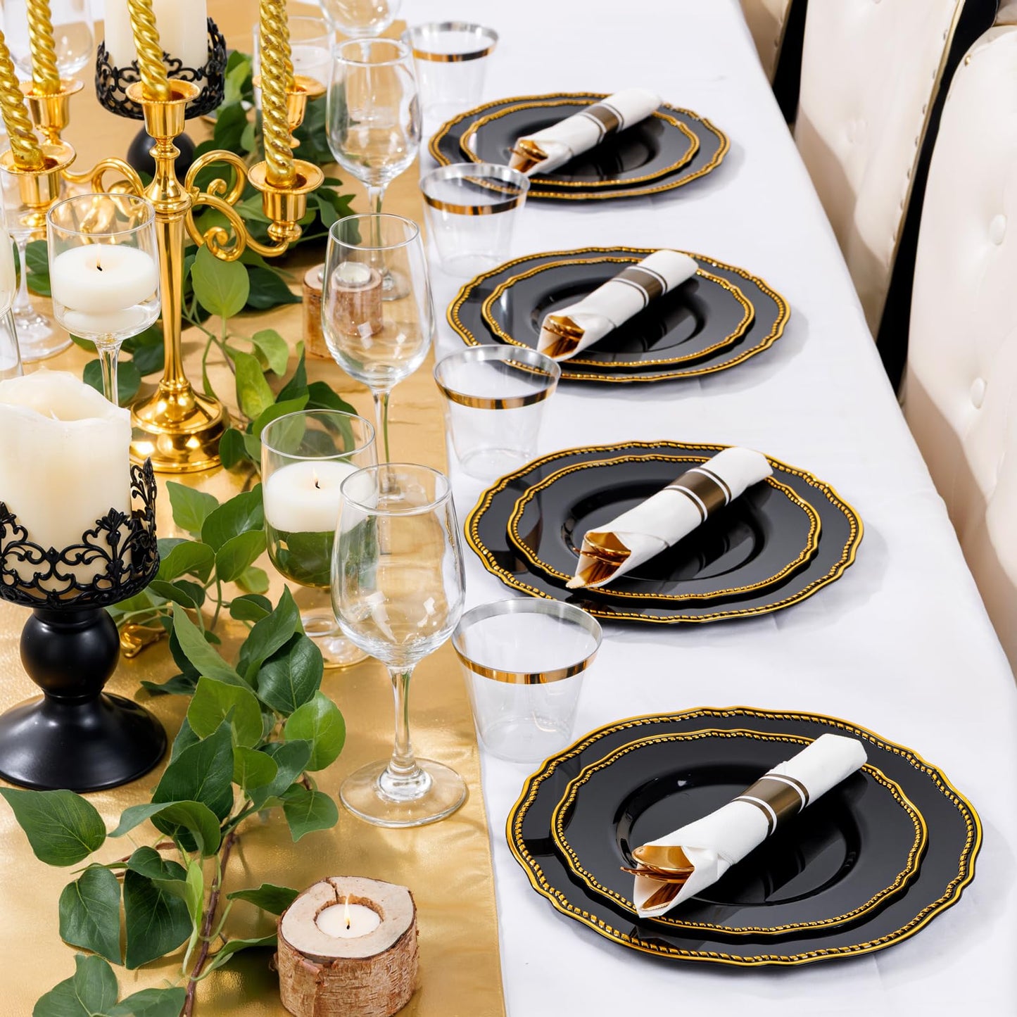 Hioasis 175pcs Black and gold Plastic Plates - Gold Plastic Dinnerware Set Includes 25 Dinner Plates, 25 Dessert Dinnerware, 25 Cups, 25 Napkins Perfect for Wedding & Party