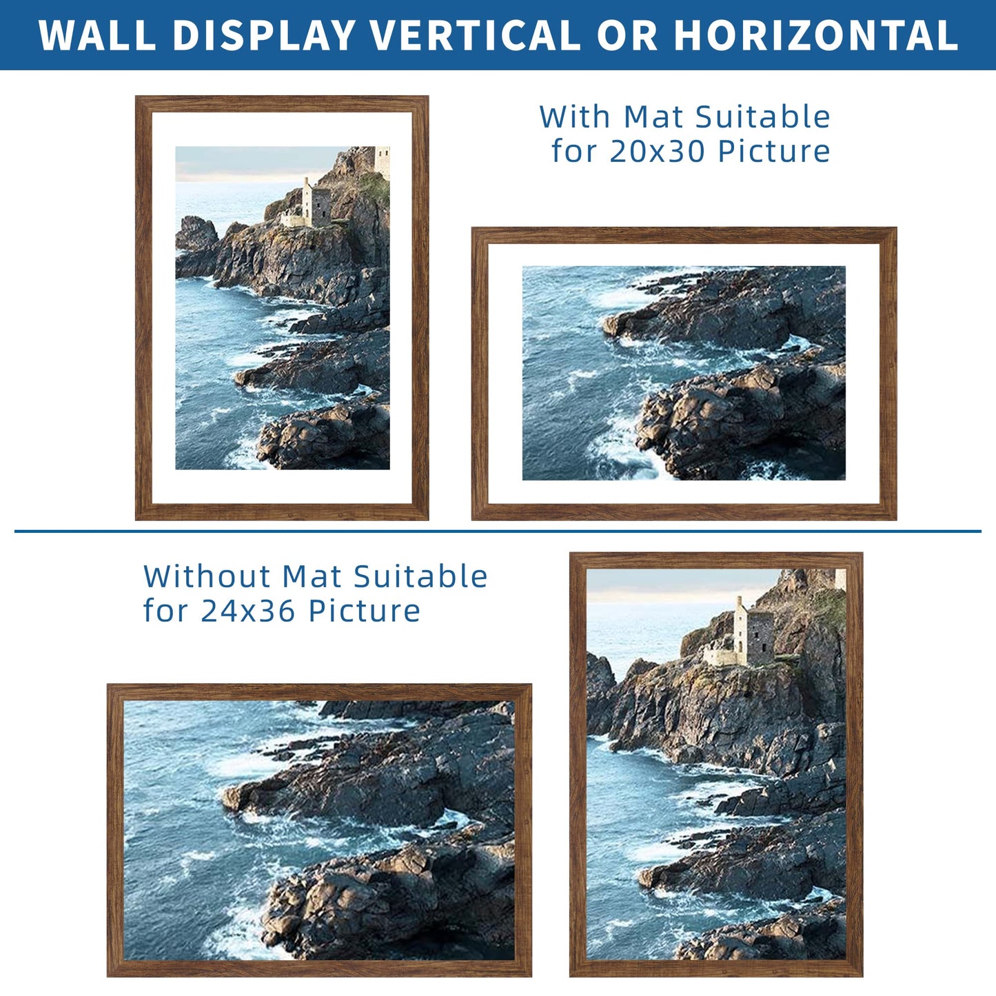 Hongkee 24x36 Poster Frame Set of 2, Rustic Brown Wood Style - Display 20x30 Picture with Mat or 24 x 36 Poster without Mat, Wall Mounting Horizontal and Vertical