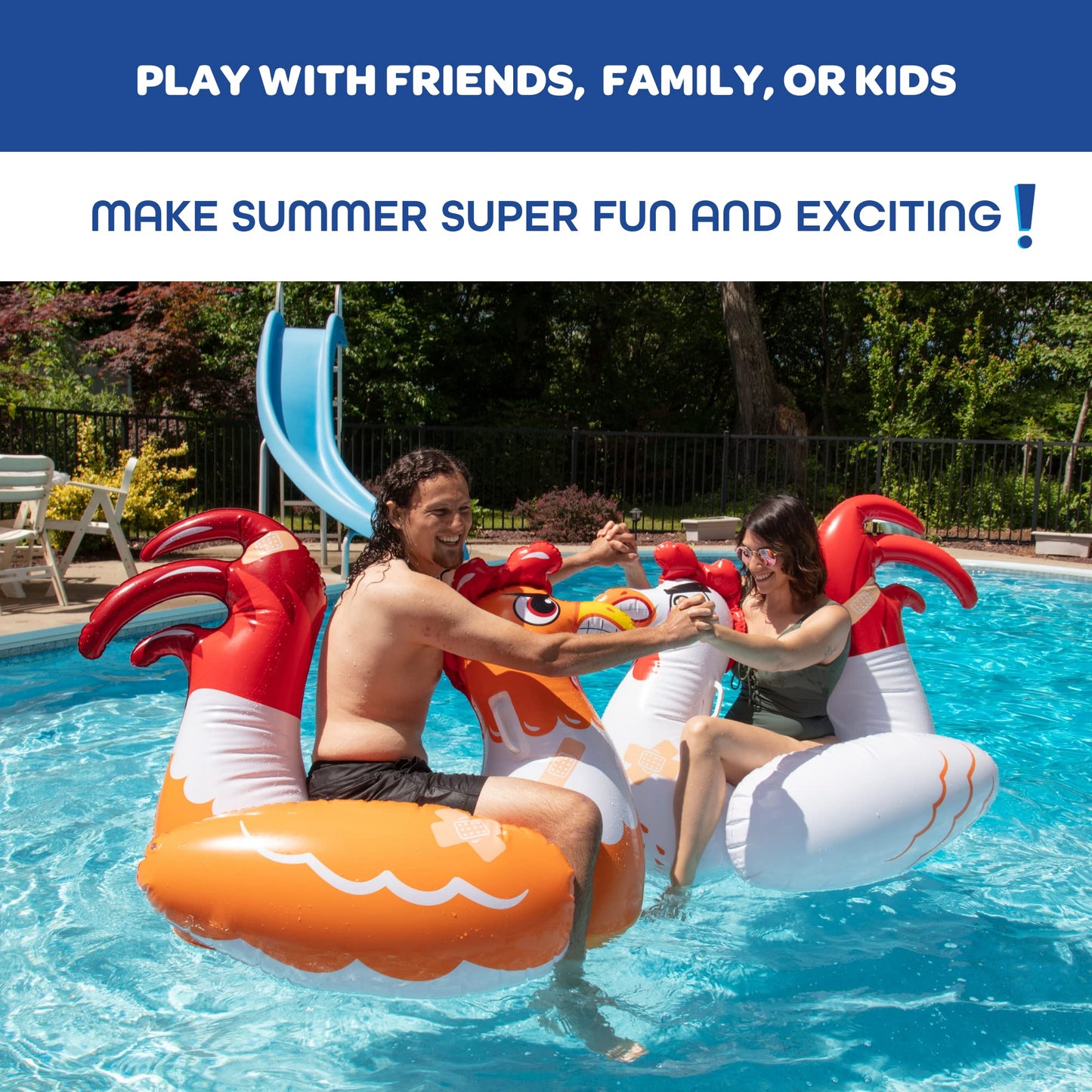 Chicken Fight Inflatable Pool Float Game Set- Includes 2 Giant Battle Ride-Ons- Flip Your Friends to Win- Outdoor Swimming Party Activities Fun w Kids Family Adults, Durable PVC Material