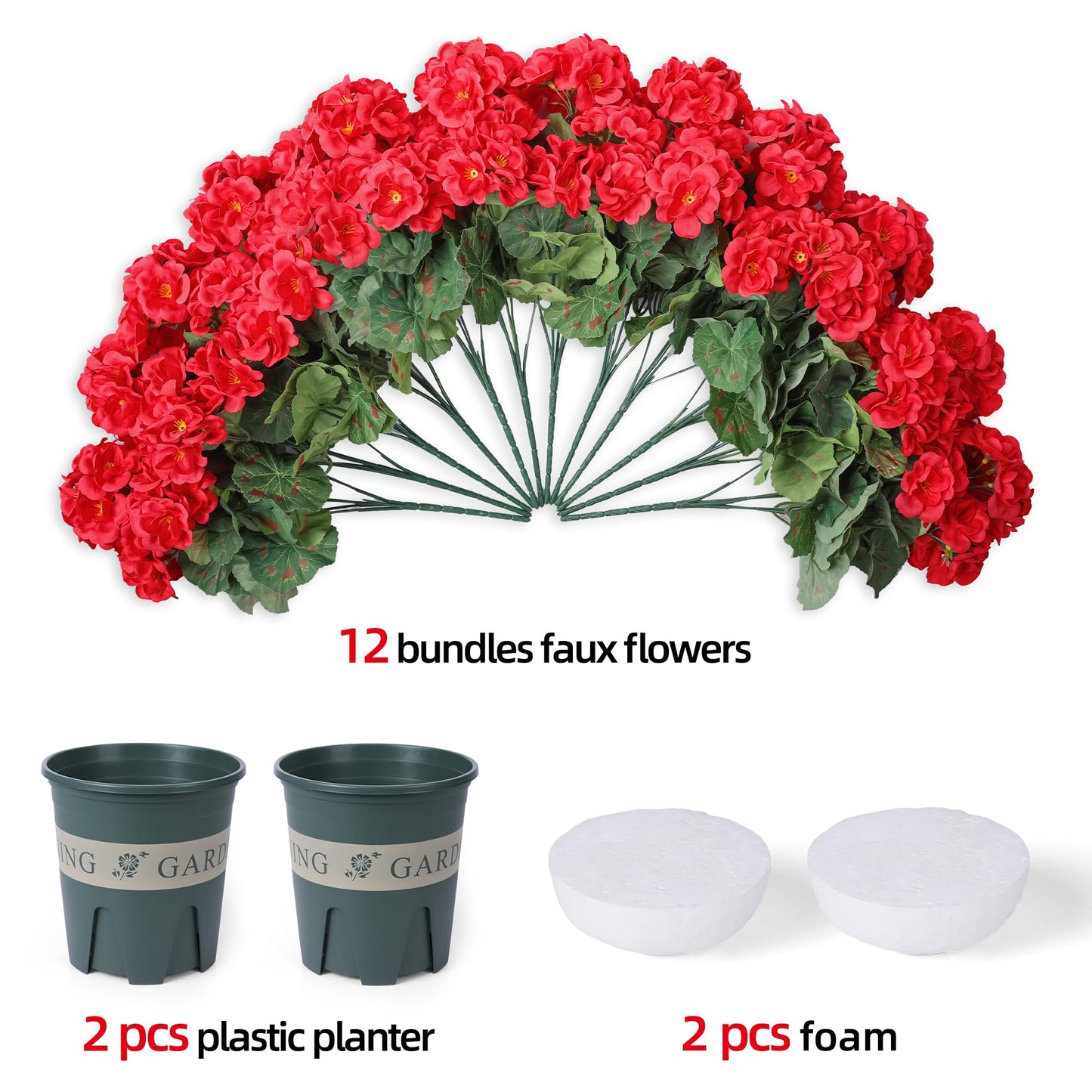 Geraniums Artificial Flowers for Outdoors, 2 Pack Potted Plants Red Faux Geraniums Bush Artificial Topiaries Realistic UV Resistant Fake Flowers Plants for Planters Outside Gardens Front Door Indoor