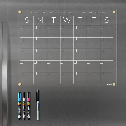 Magnetic Acrylic Calendar for Fridge, Includes 4 Magnetic Wet-Erase Markers for Refrigerator, 18" X 14”