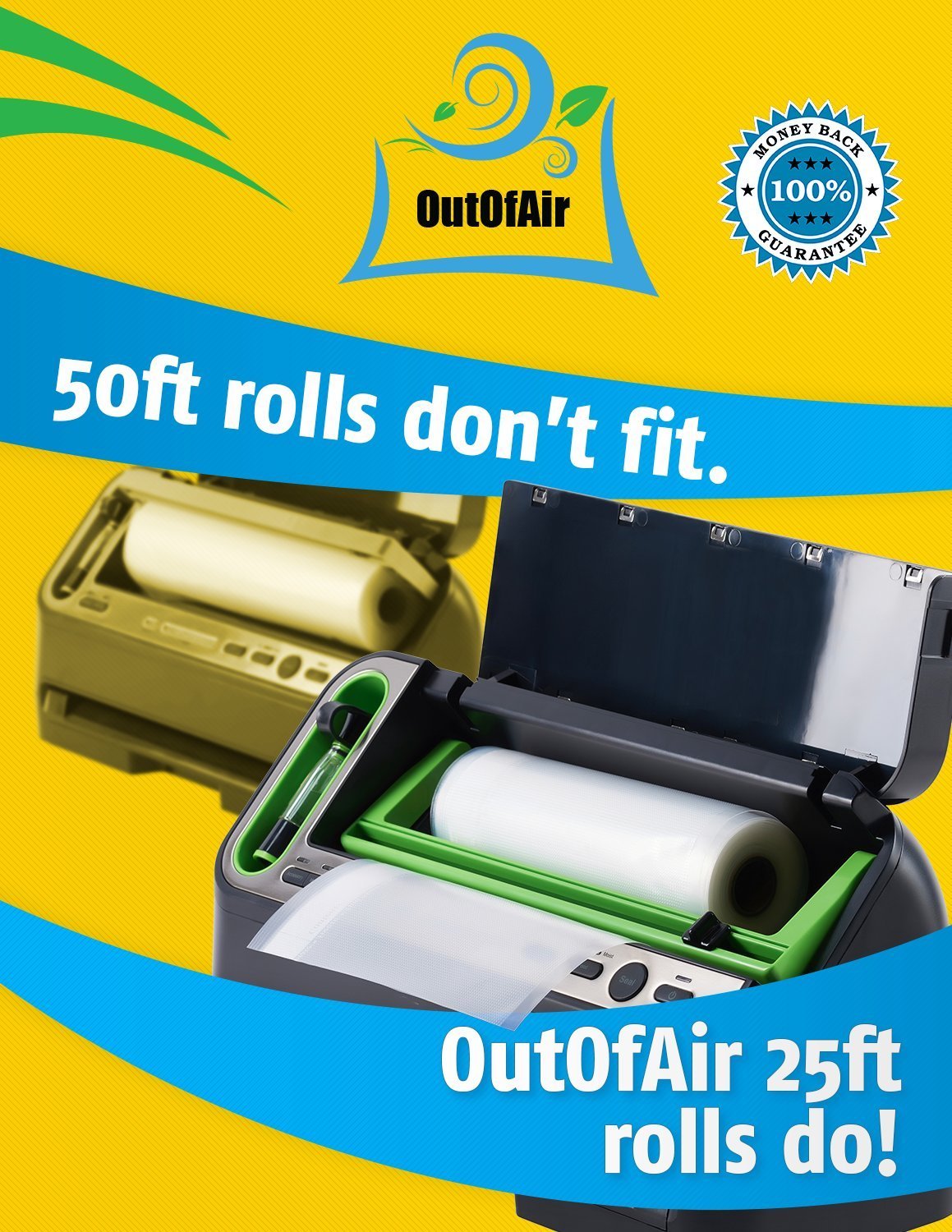OutOfAir Vacuum Sealer Rolls - 11” x 25’ (4 Pack, 100ft) - Heavy-Duty, 33% Thicker, BPA-Free, Works with FoodSaver, Weston, Anova & More - Food Storage, Sous Vide, Freezer, Microwave & Boil Safe