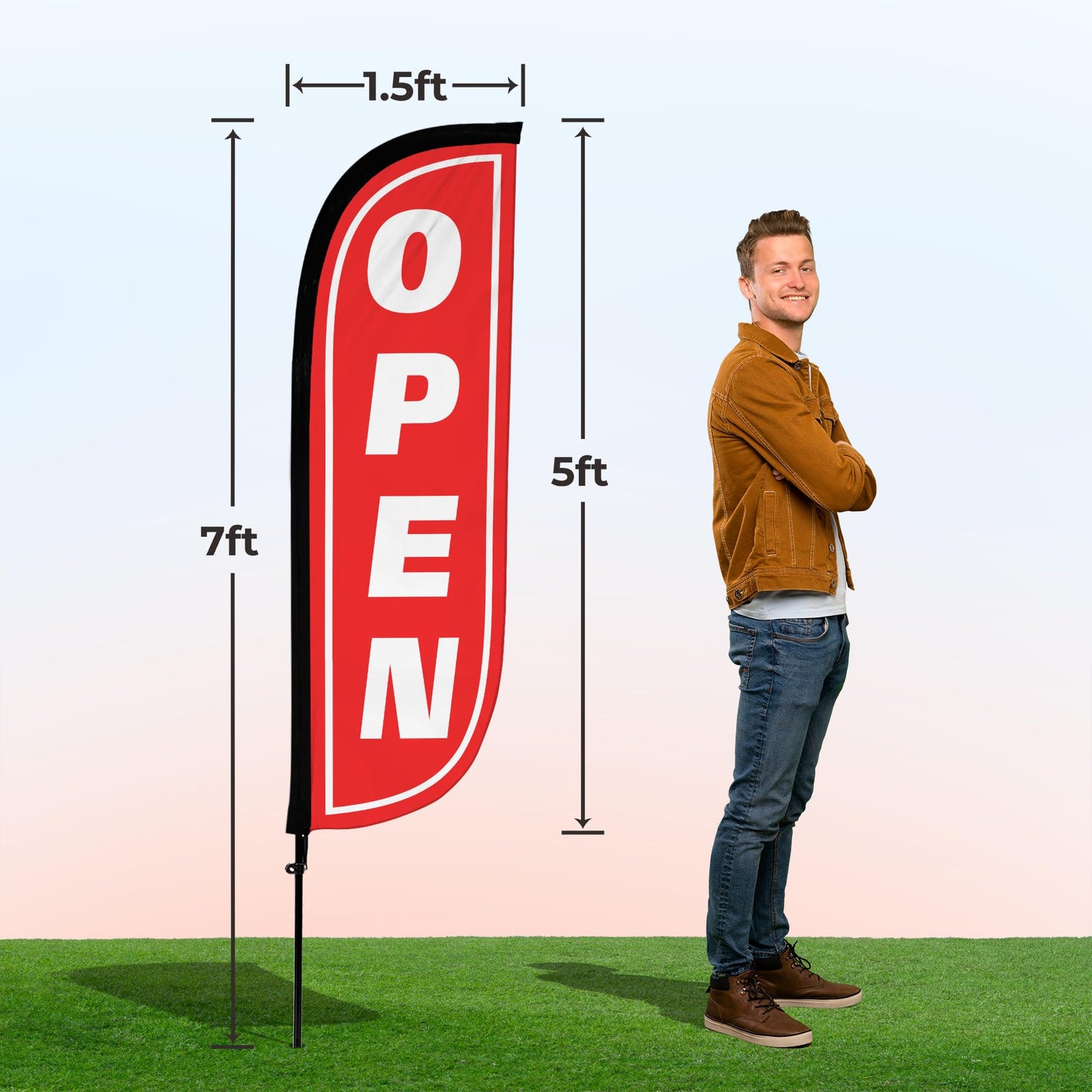 LookOurWay Feather Flag Pole Kit - 7 Feet Tall Advertising Banner with Fiberglass Pole Set and Ground Spike for Business Promotion - Open Flags - Open Red & White